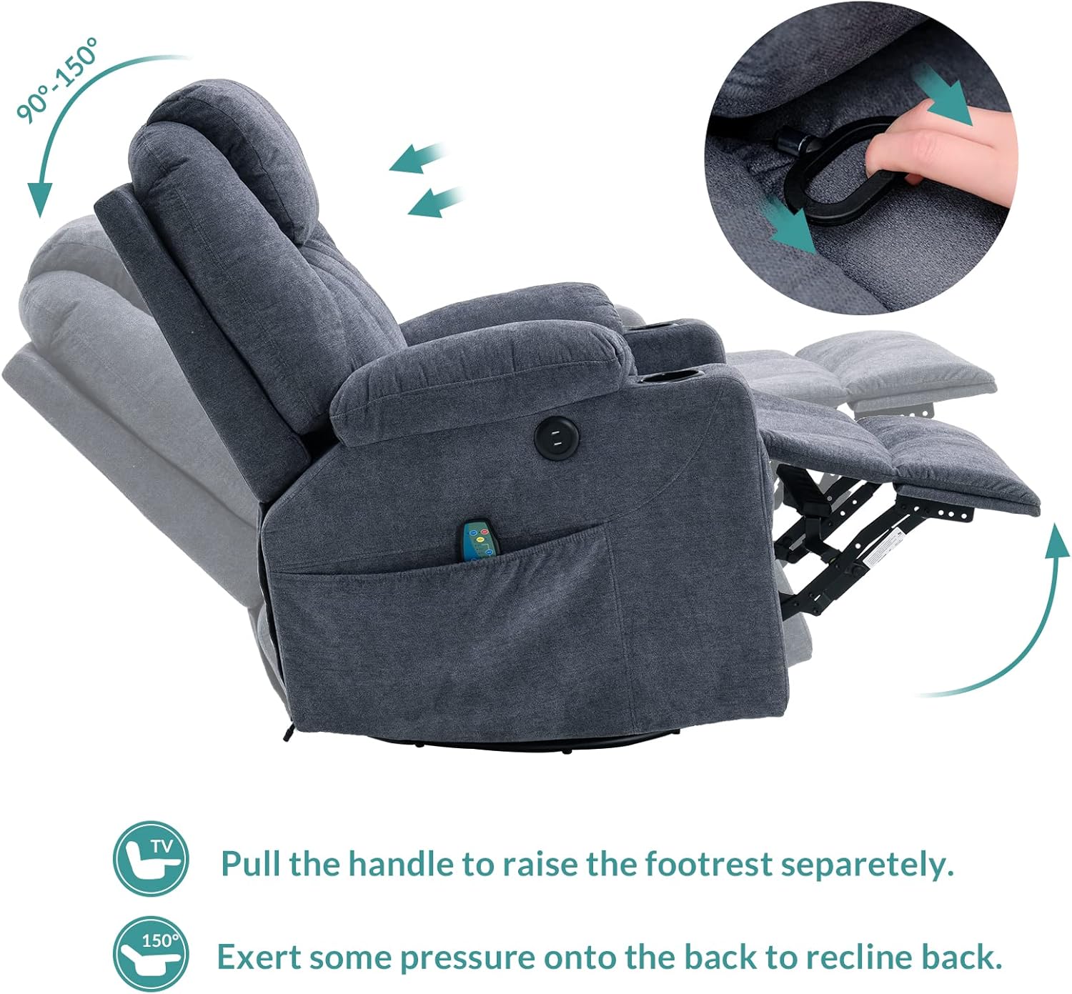 MEETWARM Swivel Rocker Massage Recliner Chair with Heat Ergonomic, Manual Glider Rocking Recliner Chair, 360° Swivel Lounge Reclining Chair with Cup Holder/Pockets/Remote Control/USB Ports (Gray-blue)