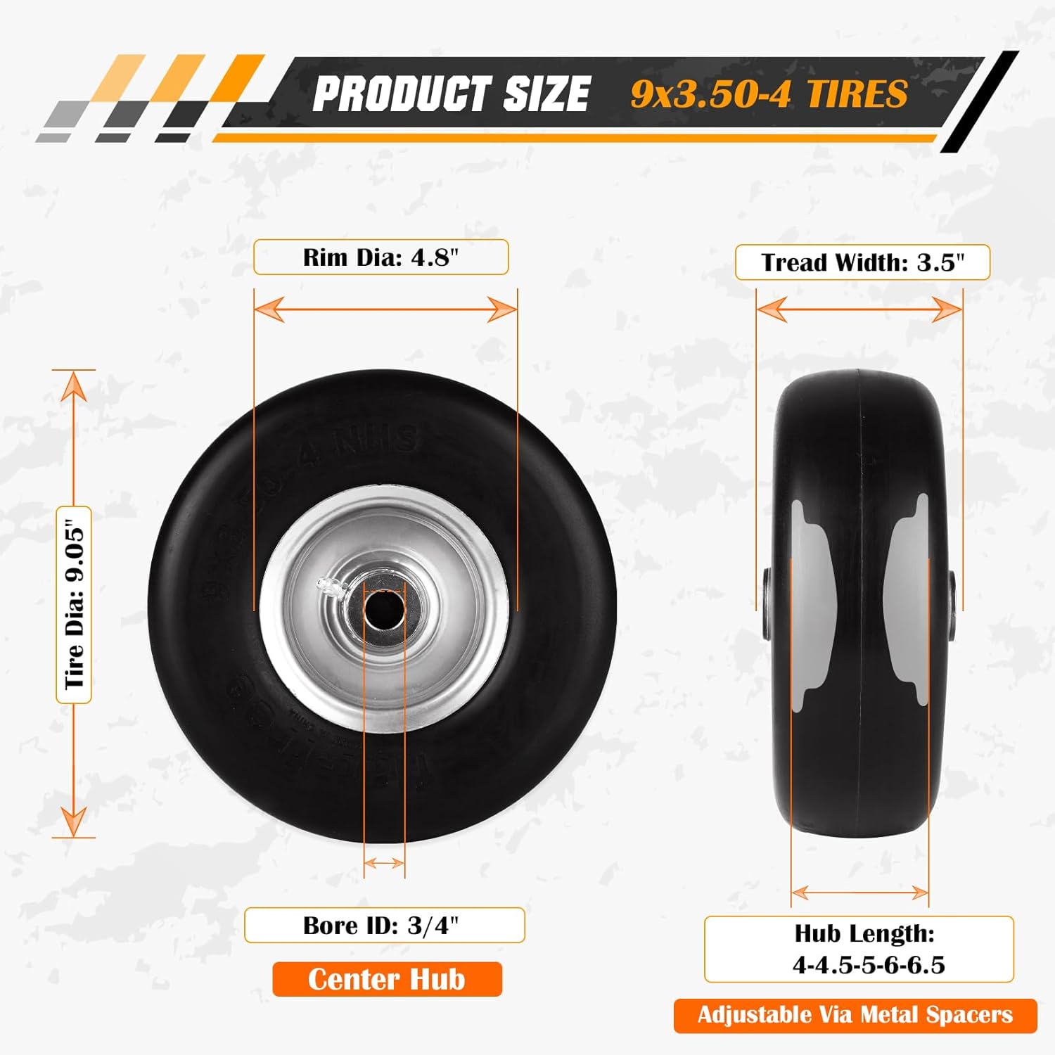 9x3.50-4 Flat Free Lawn Mower Tire and Wheel Smooth Tire with Rim for Commercial and Residential Walk-Behind Lawnmowers, Hand Trucks, Garden Carts and Trailers | 4 Centered Hub | Bore ID 3/4 4PCS