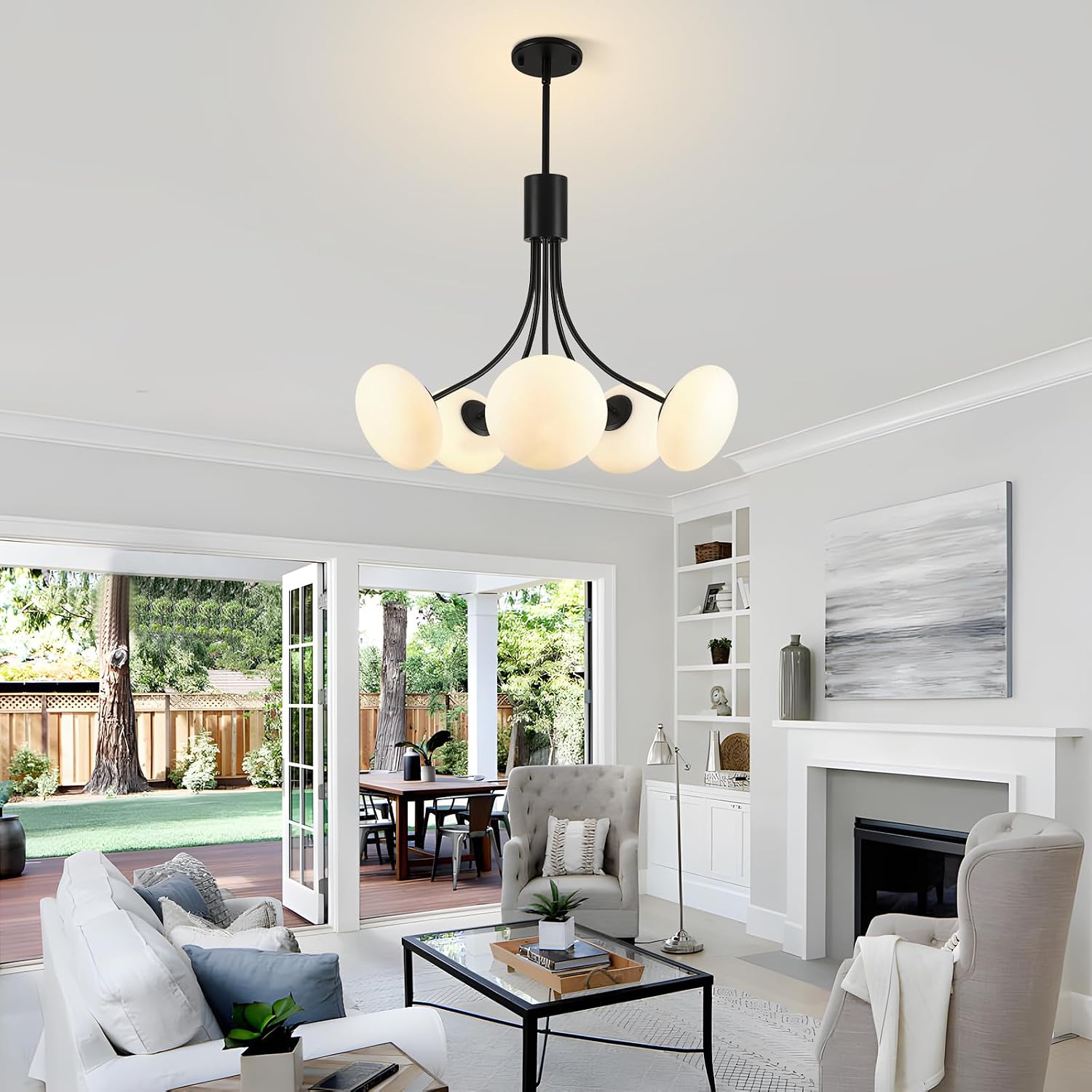 5-Light Mid Century Milk Glass Globe Chandelier, G9 Black Vintage Chandeliers, Milk Glass Light Pendant Light Fixture for Living Room Bedroom Entryway Kitchen Island