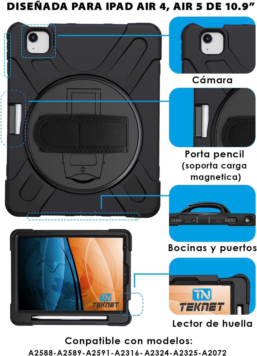 Case for iPad Air 5 Air 4 10.9 A2378 A2461 A2379 Compatible with Models A2324 A2072 A2316, Ipad Air 5 (2022) Shockproof Case Shoulder Strap & Swivel Case with Hand Adjusting Strap, Heavy Duty