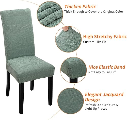 Miniatura 4 de Fuloon - Paquete de 6 fundas para sillas de comedor, fundas elásticas lavables de cocina, juego de Parson de jacquard (hojas de jacquard verde)