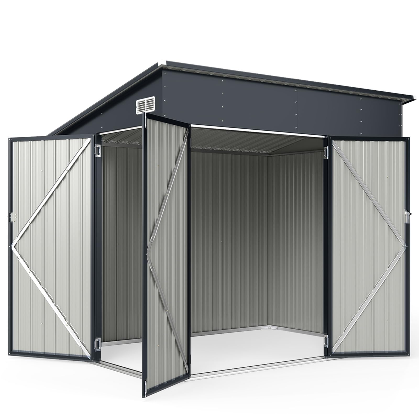 COSTWAY Domek ogrodowy, metalowy, 235 x 174 x 197 cm, domek na narzędzia z drzwiami przednimi i drzwiami bocznymi i dachem jednospadowym, szopa na narzędzia, zamykana na klucz, domek ogrodowy, szopa