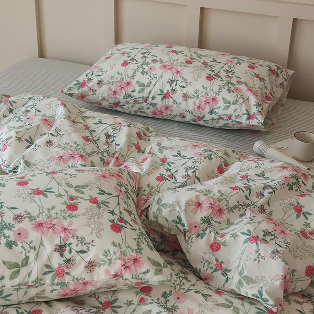 Covebett Single Bed Duvet Cover Sets Cotton Pink and Green Flowers Leaves Bedding Set 2pcs Pink Floral Print Botanical Aesthetic Quilt Cover 135x200 with Zipper Closure and 1 Pillowcase 50x75 cm — image 1