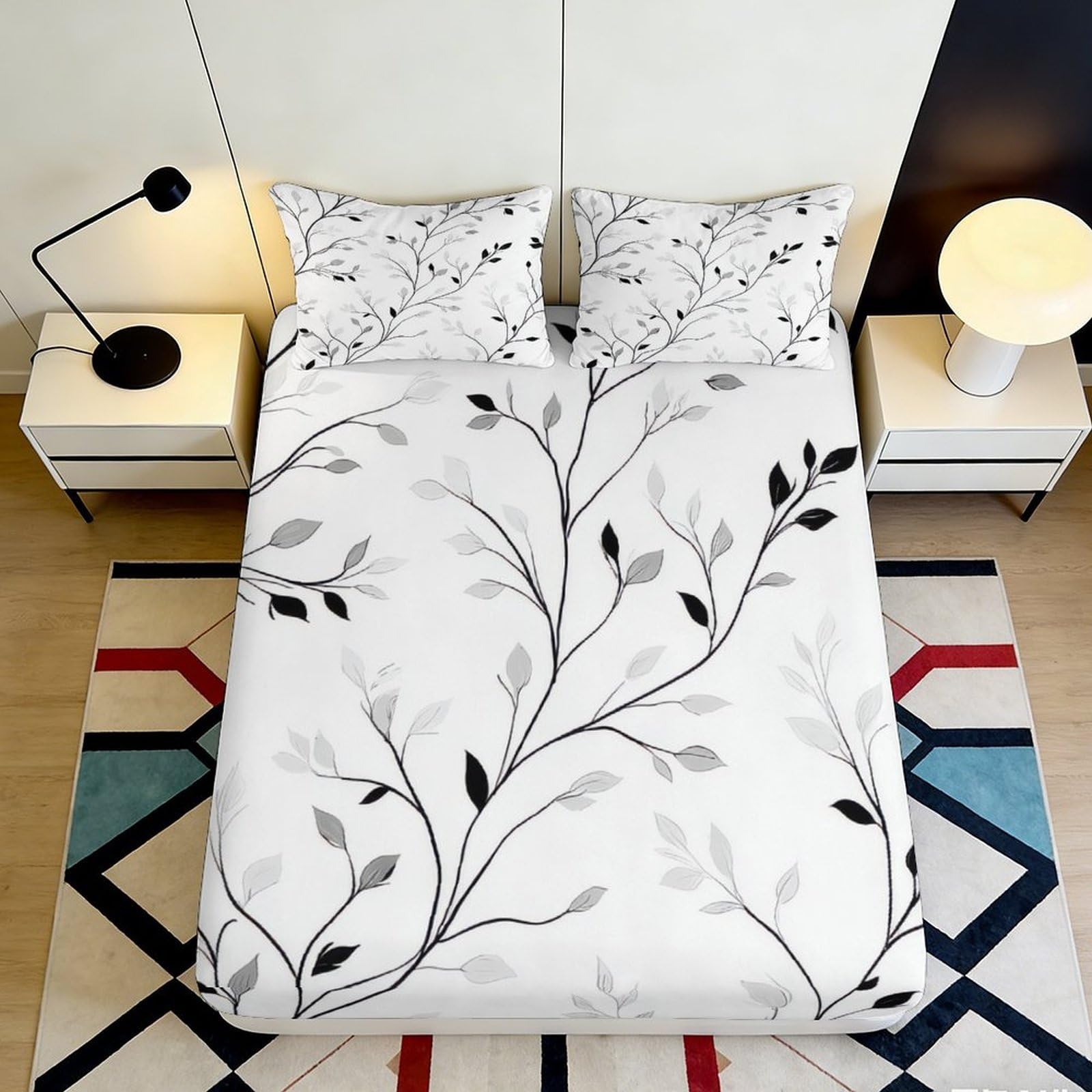 3D Printed Monochrome Leaf Pattern Fitted Sheet Microfiber Soft Breathable Branch Mattress Cover for Bedroom Dormitory Guest Room Mattress Protection Decor 90x200x25cm
