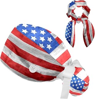 2 Pieces Surgical Cap for Long Hair Scrub Cap with Hairband Nurse Cap, America Flag Wooden Texture