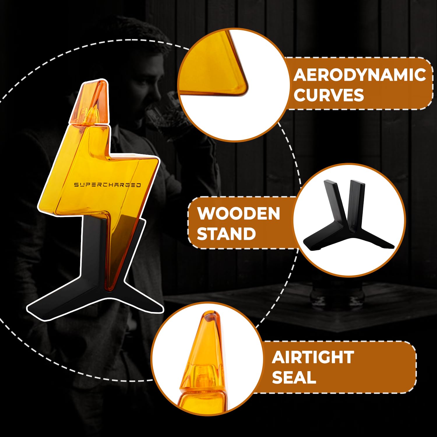 Supercharged 750 mL Whiskey Decanter Glass liquor bottle Antique Design with Wooden Stand for Whiskey, Bourbon, Scotch