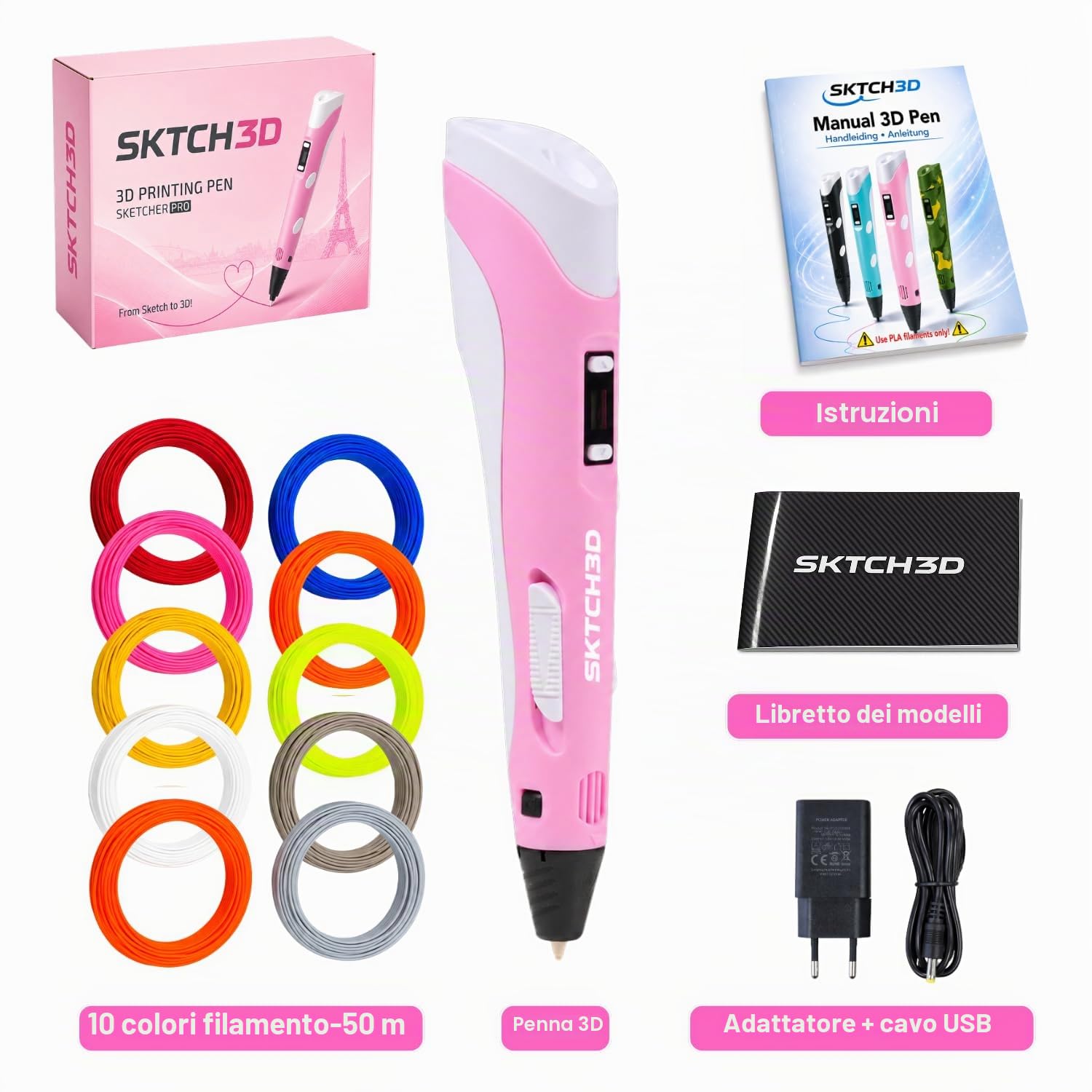 3D Pen con 50m di filamento PLA – Set iniziale professionale per penna 3D con 10 colori, adattatore USB, libro di modelli e istruzioni – Penna 3D per creativi, fai da te e disegno in 3D (Rosa