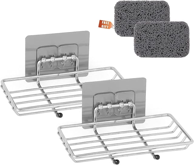 2 Pack Soap Dishes and 2Pcs Soap Saver, Stainless Steel and Self Adhesive Sink Bar Soap Holder with Hook for Shower Bathroom Kitchen (Silver