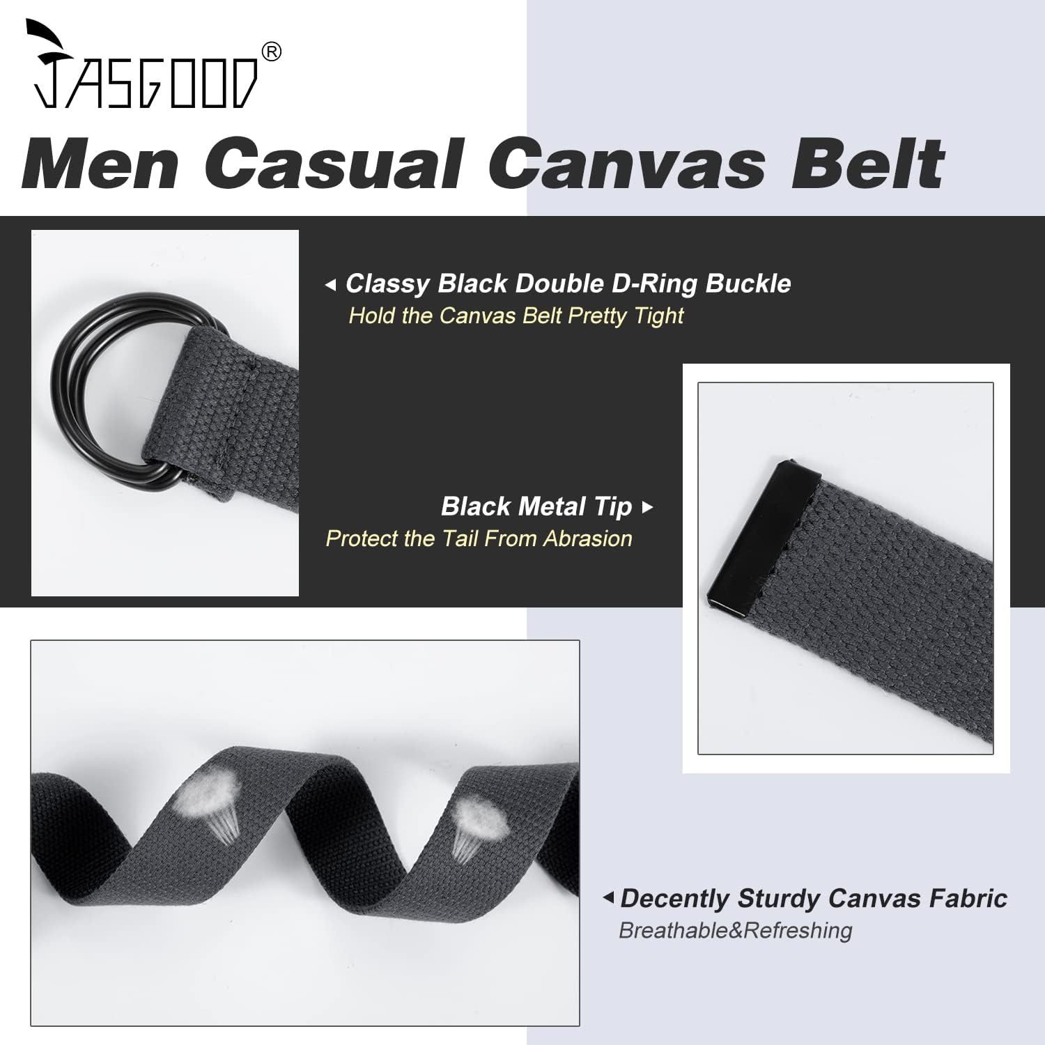JASGOOD Men Canvas Belt Web Fabric Casual Belt with Black Double D-ring 1 1/2" Wide Set of 2 - Image 3