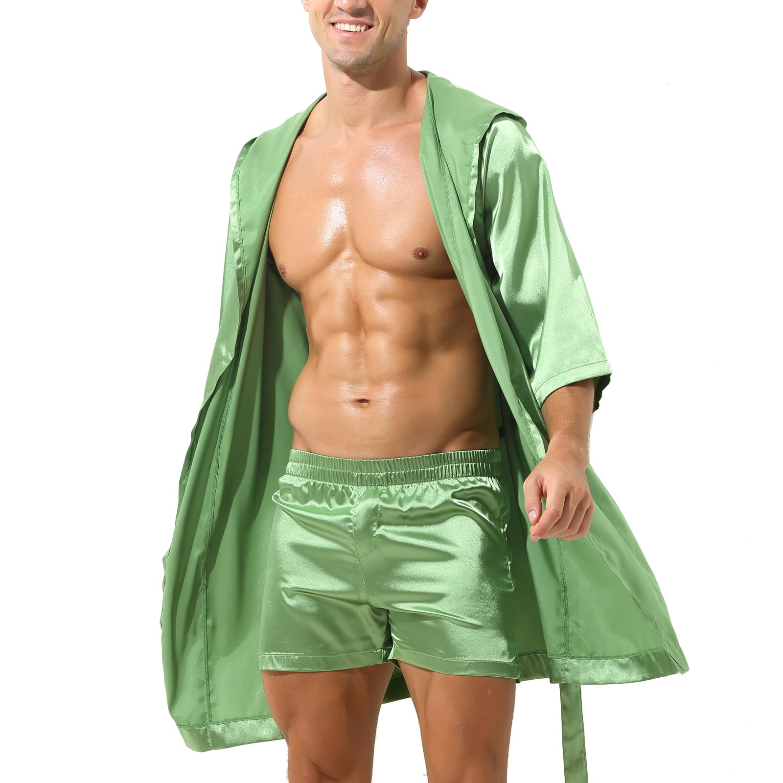Echovir Mens Satin Kimono Dressing Gowns Half Sleeve Hooded Bathrobe Loungewear Silk Robe Pajamas Set Lightweight Sleepwear (as8, alpha, m, regular, regular, Light green)