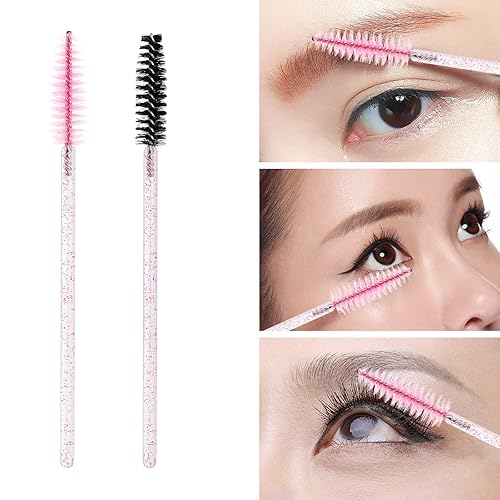 Miniatura 3 de 100 varitas desechables para rímel, cepillo de cejas de cristal para extensiones de pestañas, cepillos de pestañas con contenedor, palo rosa, cabeza