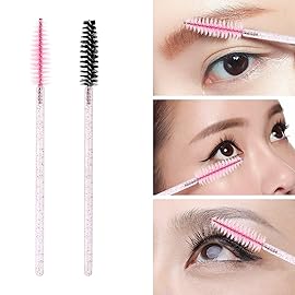 100 Pcs Disposable Mascara Wands, Crystal Eyebrow Spoolies Brush for Eyelash Extensions, Lash Brushes with Container, Pink Stick Black Head,Pink