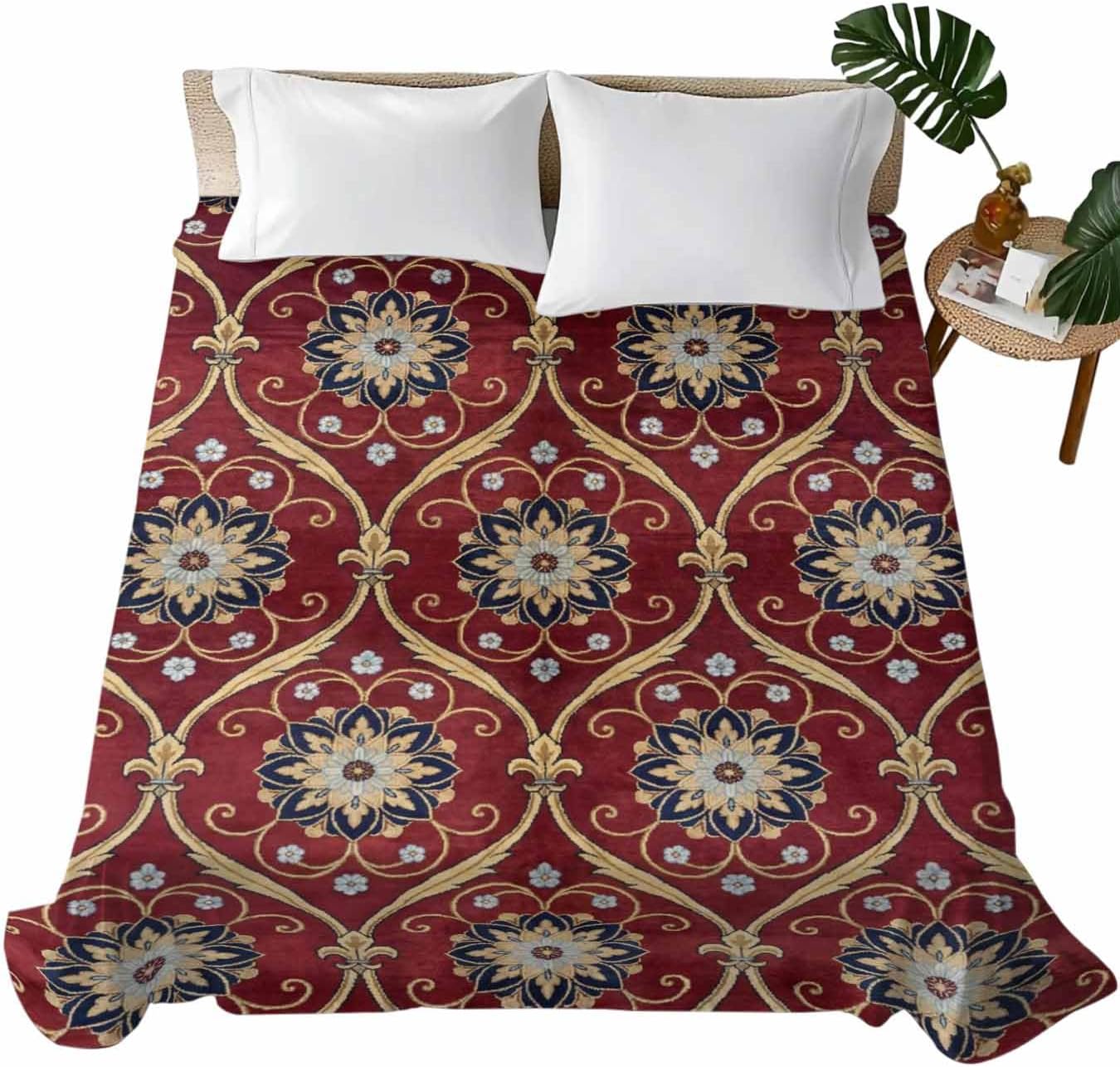 King Flat Sheet, Vintage Red Floral King Bed Sheets Only, Soft Microfiber Flat Sheet, Retro Botanical Abstract Hotel Quality Bedding Top Sheet Bedroom Home Dorm Decor
