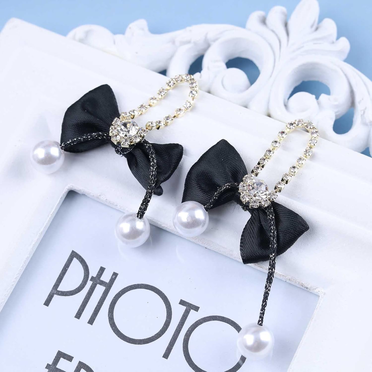 Vintage Black Ribbon Bow Dangle Earrings Crystal Bow Tie Drop Earrings Rhinestone Pearl Earrings Black Cz Bowkont Stud Earrings Jewelry for Women - Image 6