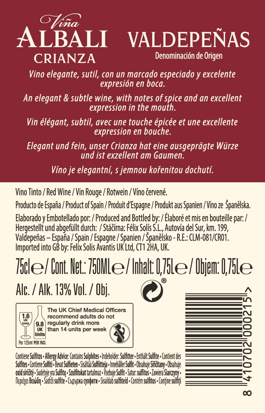 Viña Albali Tempranillo Crianza Tinto D.O. Valdepeñas Vino - Paquete de 6 x 750 ml