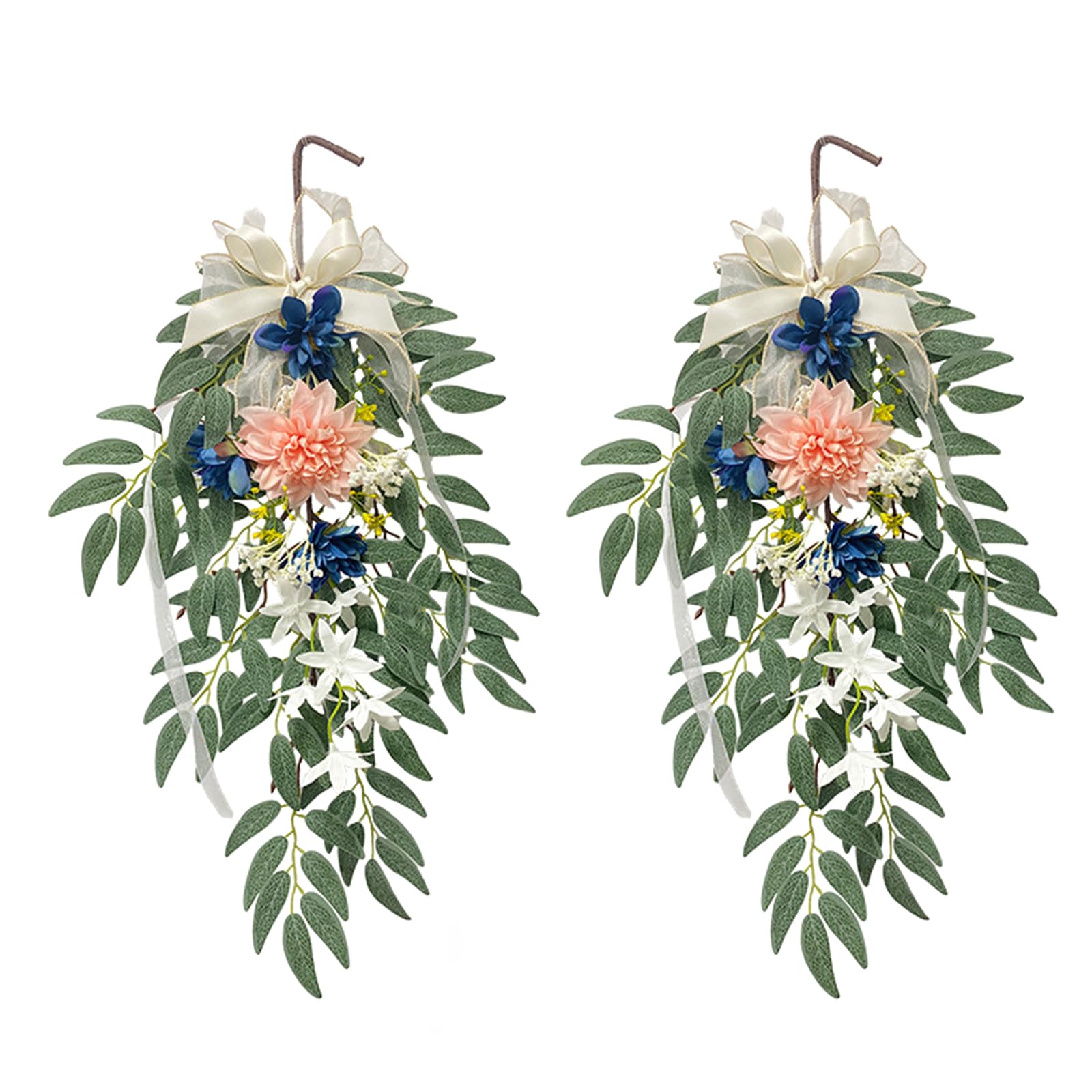 2 Pack Pre-lit Teardrop Swag with Lights, 26.4 inch Spring Summer Teardrop Swag Wreaths for Front Door with Dahlia and Willow Twig, Wall Hanging for Indoor Outdoor Stair Window Home Decor