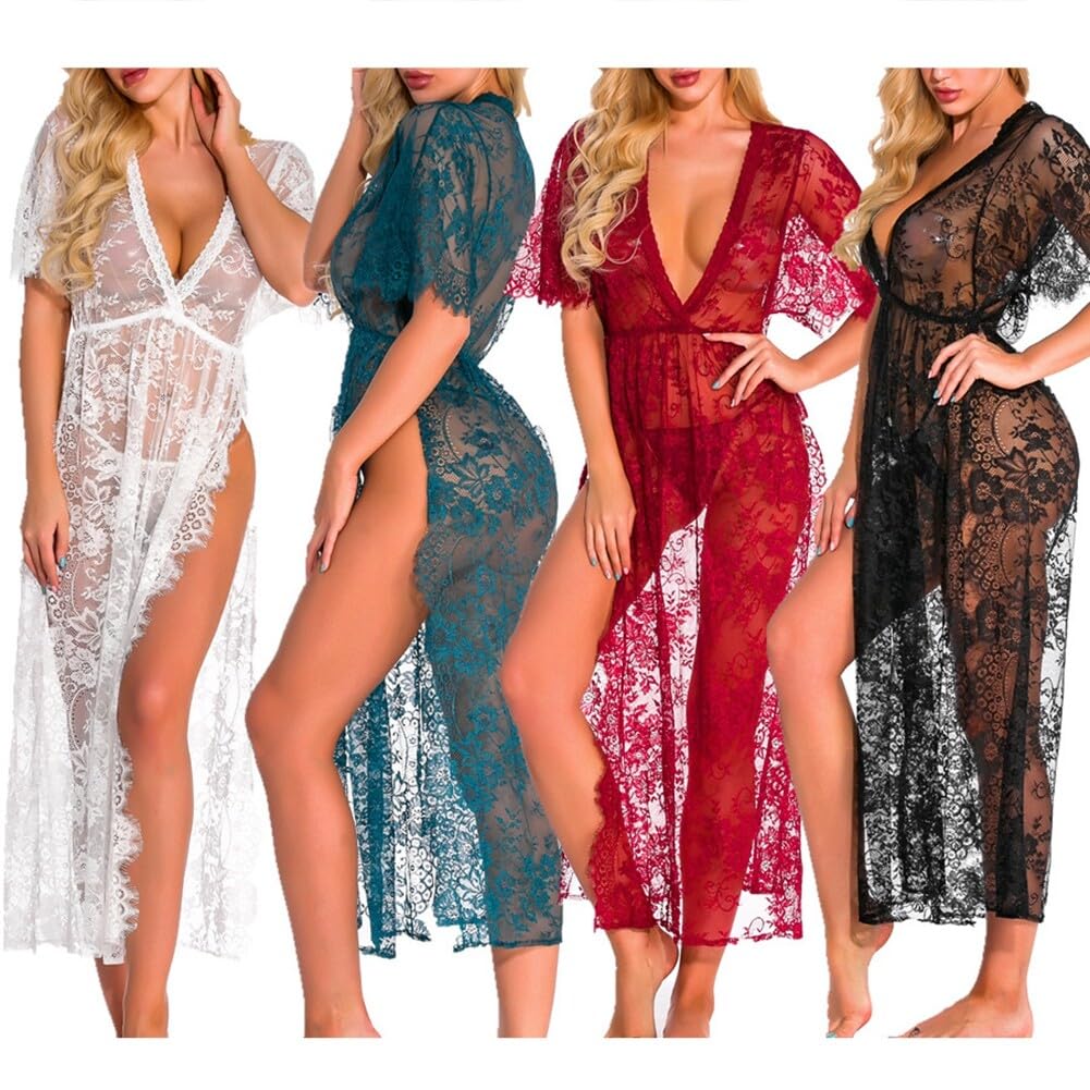 iSpchen Lingerie Sexy Longue Déshabillé Robe en Dentelle Transparente Vêtements de Nuit Col en V Lingerie Chemise de Nuit pour Femmes Nuits de Mariage Lune de Miel Lingerie Fête