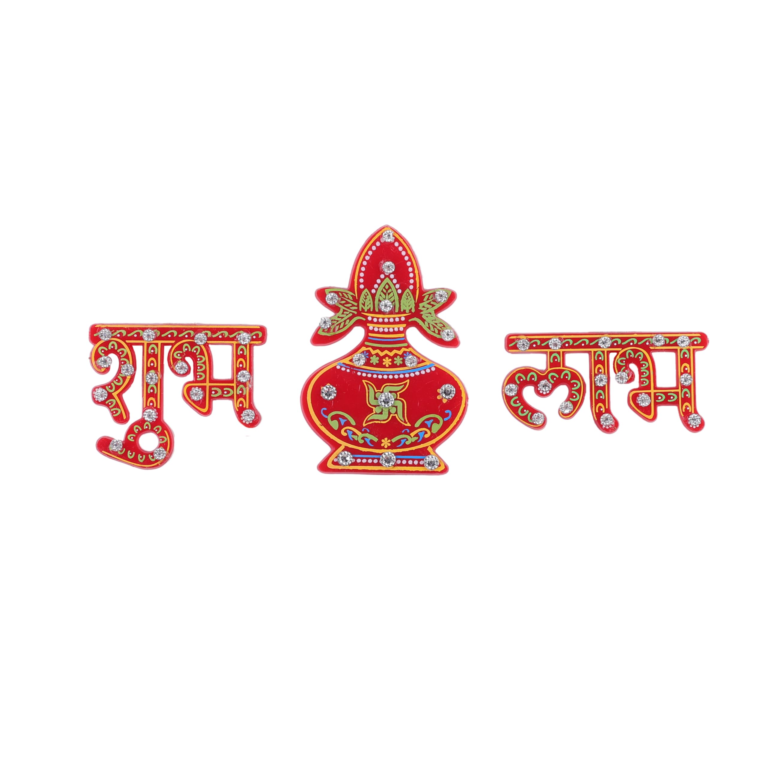 Red Kalash Design Diwali Shubh Labh with Laxmi Charan Paduka Feet Pagala Diwali Door Rangoli Floor Decorations Table Decoration Studded Stones Sequins Traditional Festive Home Door Floor Décor