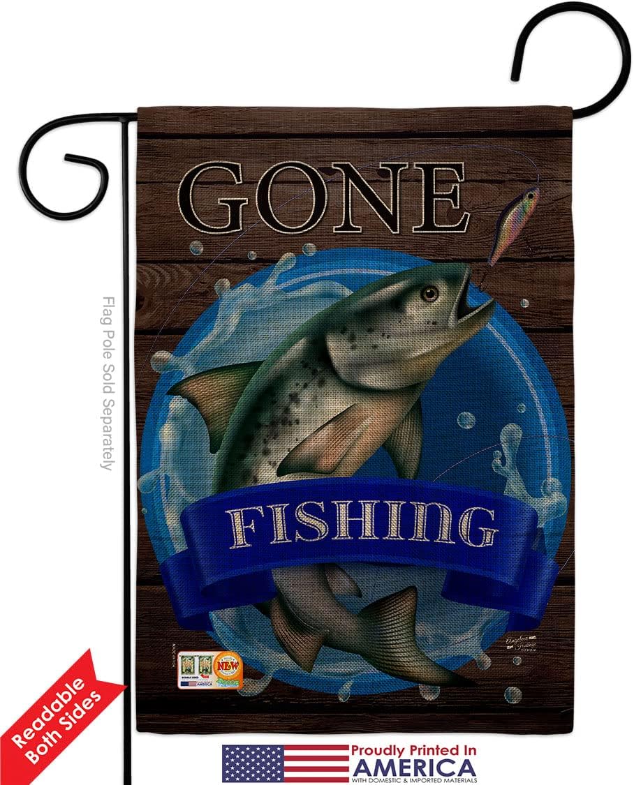 Gone Fishing Burlap Garden Flag Sports Outdoor Camping Fish Dock Lure Entertainment Activity Physical Small Decorative Gift Yard House Banner Double-Sided Made In USA 13 X 18.5