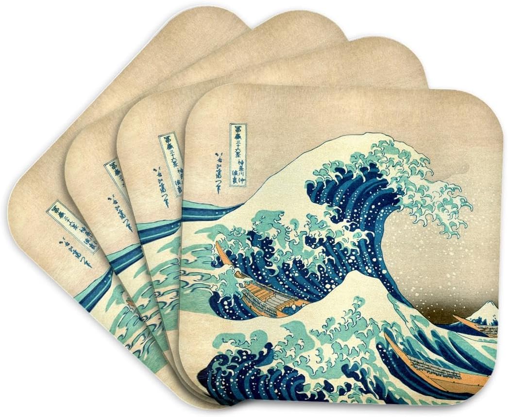 3dRose The Great Wave Off Kanagawa by Japanese Artist Hokusai - Dramatic Blue Sea Ocean Ukiyo-E Print 1830 - Soft Coasters, Set of 4 (CST_155631_1)