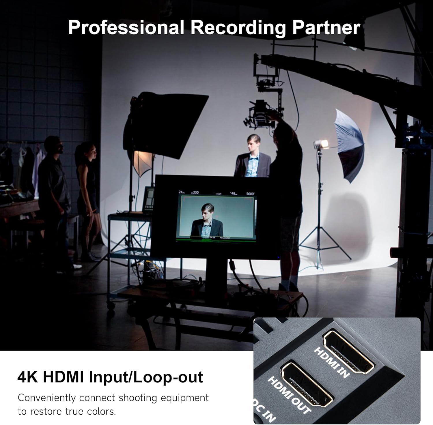 VILTROX DC-70 II monitor with sunshade attached, mounted on a camera.