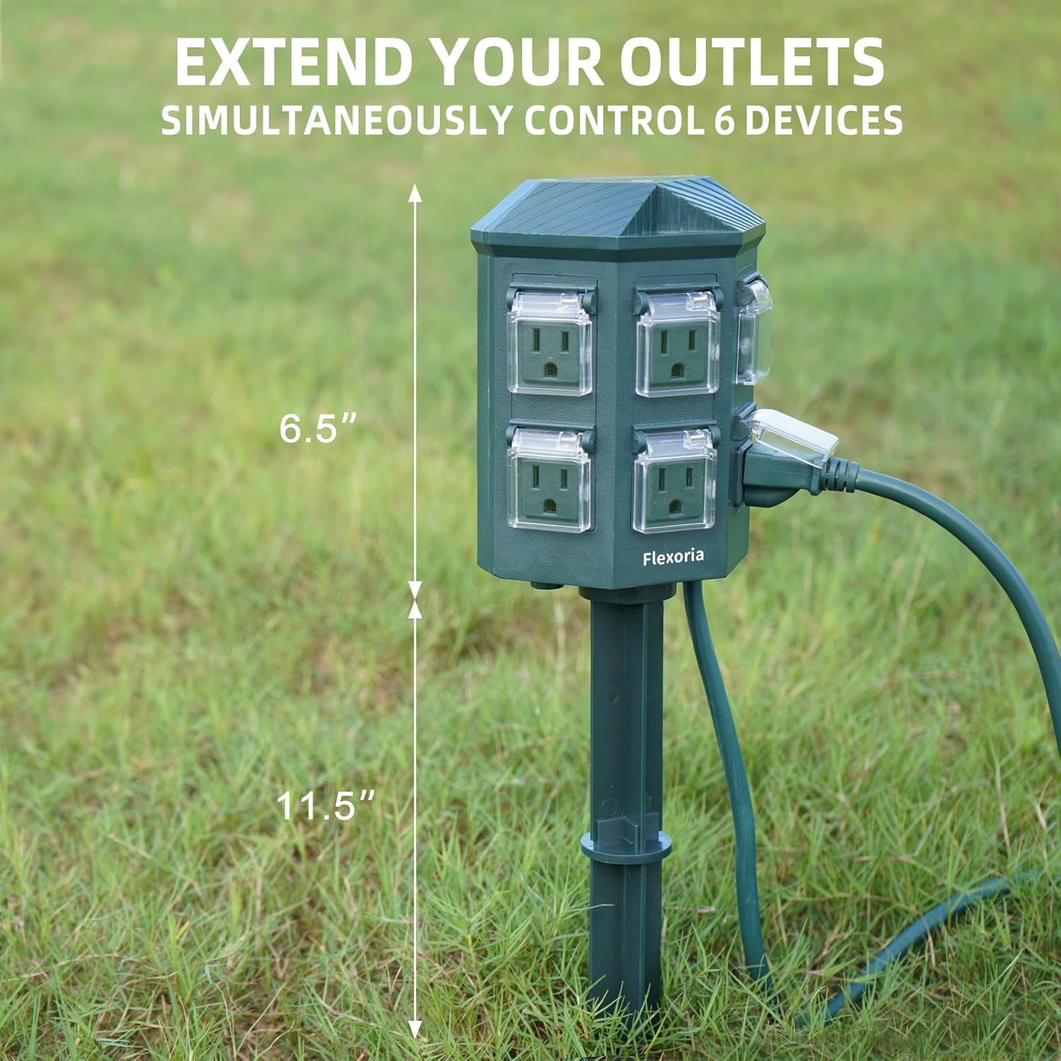 Outdoor Power Stake Timer, Remote Control Dusk to Dawn Light Timer, 25FT Extension Cord Waterproof, 6 Grounded Outlets for Graden and Yard Decorations, ETL Listed