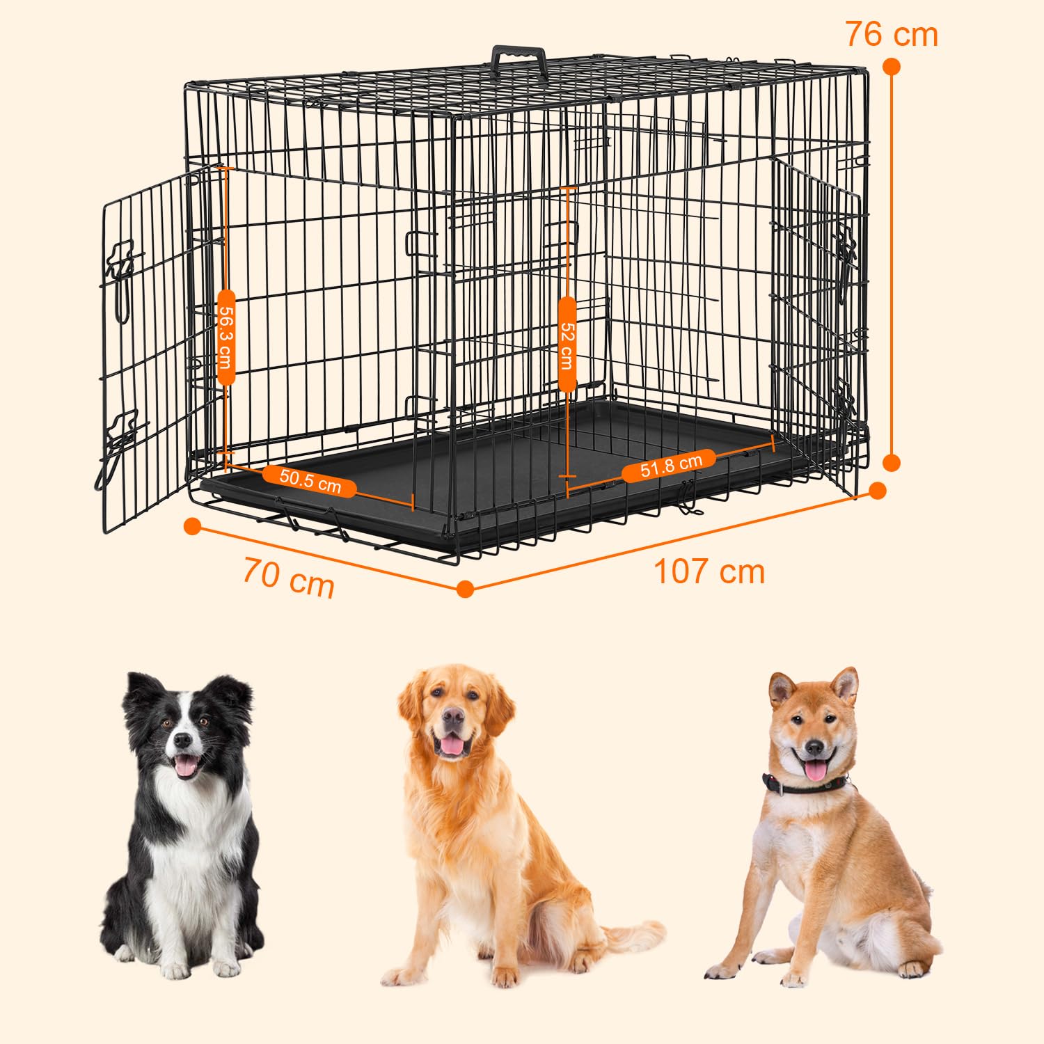 FDW Cage pour Chien Pliable avec 2 Portes, Plateau Amovible, 107 x 70 x 76 cm, Cage de Transport Chien, Lapin, Chiot et Animaux Domestique, en Metal, Noir