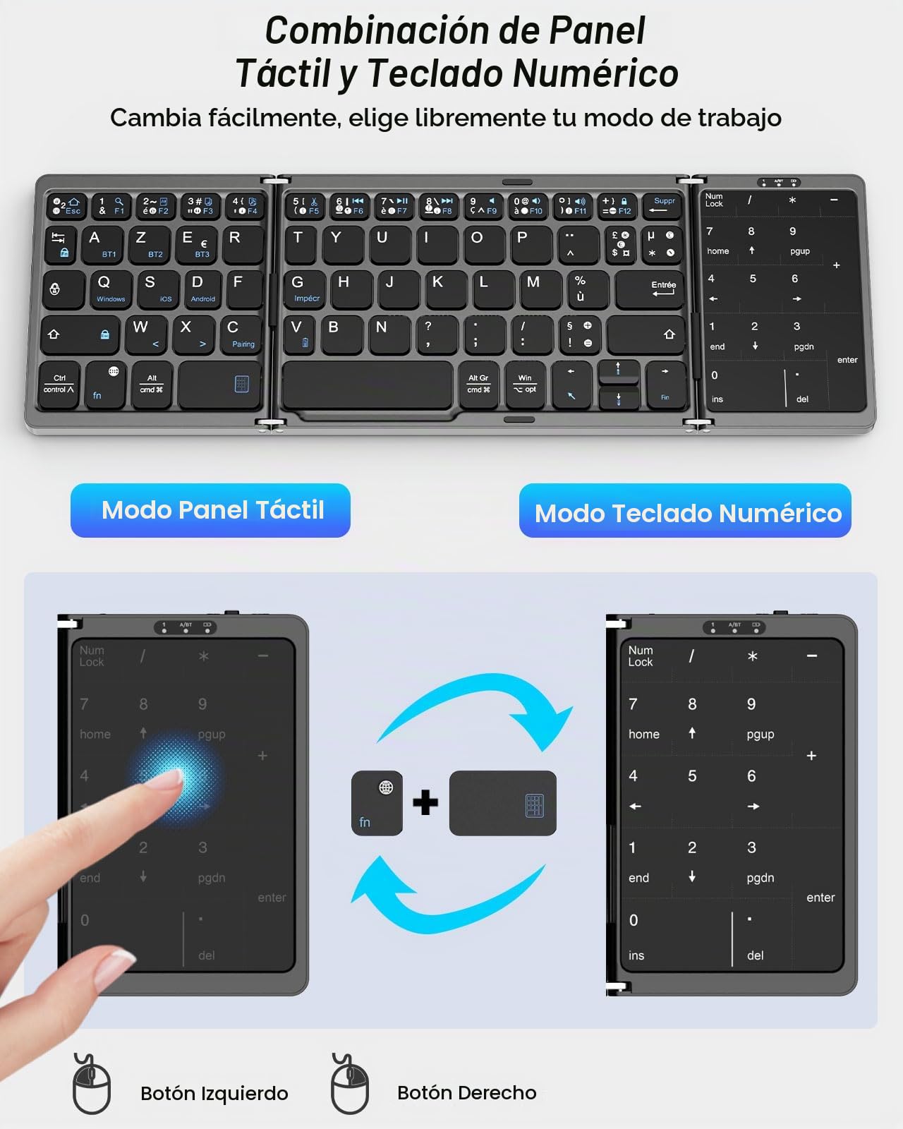 Teclado Bluetooth Plegable, Francés AZERTY, Teclado Portátil Inalámbrico | Plegable con Touchpad y Teclado Numérico, Teclado Recargable Multi Dispositivo para Windows, iOS, Android Tablet/Teléfono