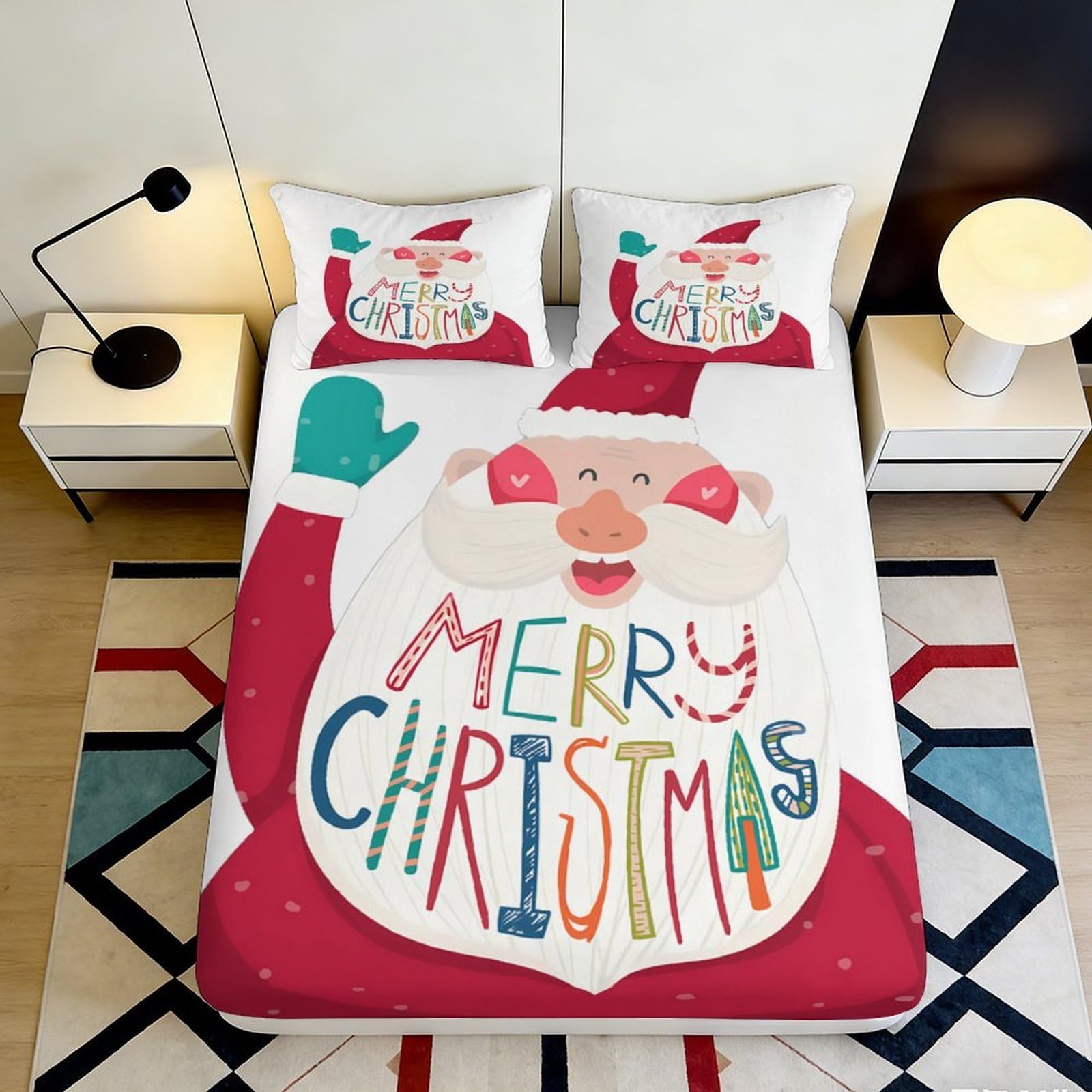 3D Printed Santa Claus Fitted Sheet Microfiber Christmas Cartoon Bed Cover for Bedroom Dorm Easy Care Decor 90x200x25cm
