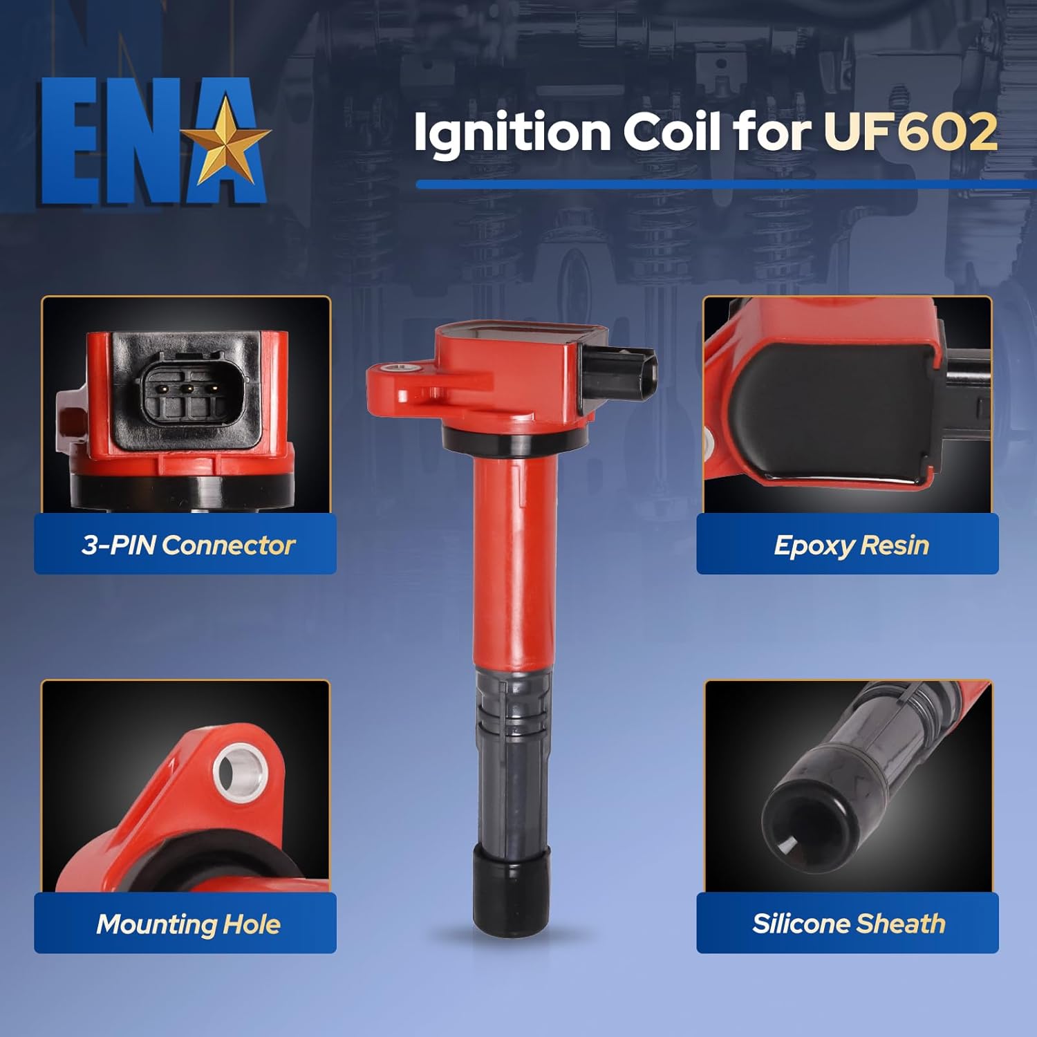 ENA Red Set of 4 Ignition Coil Pack UF602 and Iridium Spark Plugs 97390 2.4 Compatible with Honda Accord CRV Civic SI Crosstour Acura ILX 2008 2009 2010 2011 2012 2013 2014 2015 for C1662 LKR7BGP