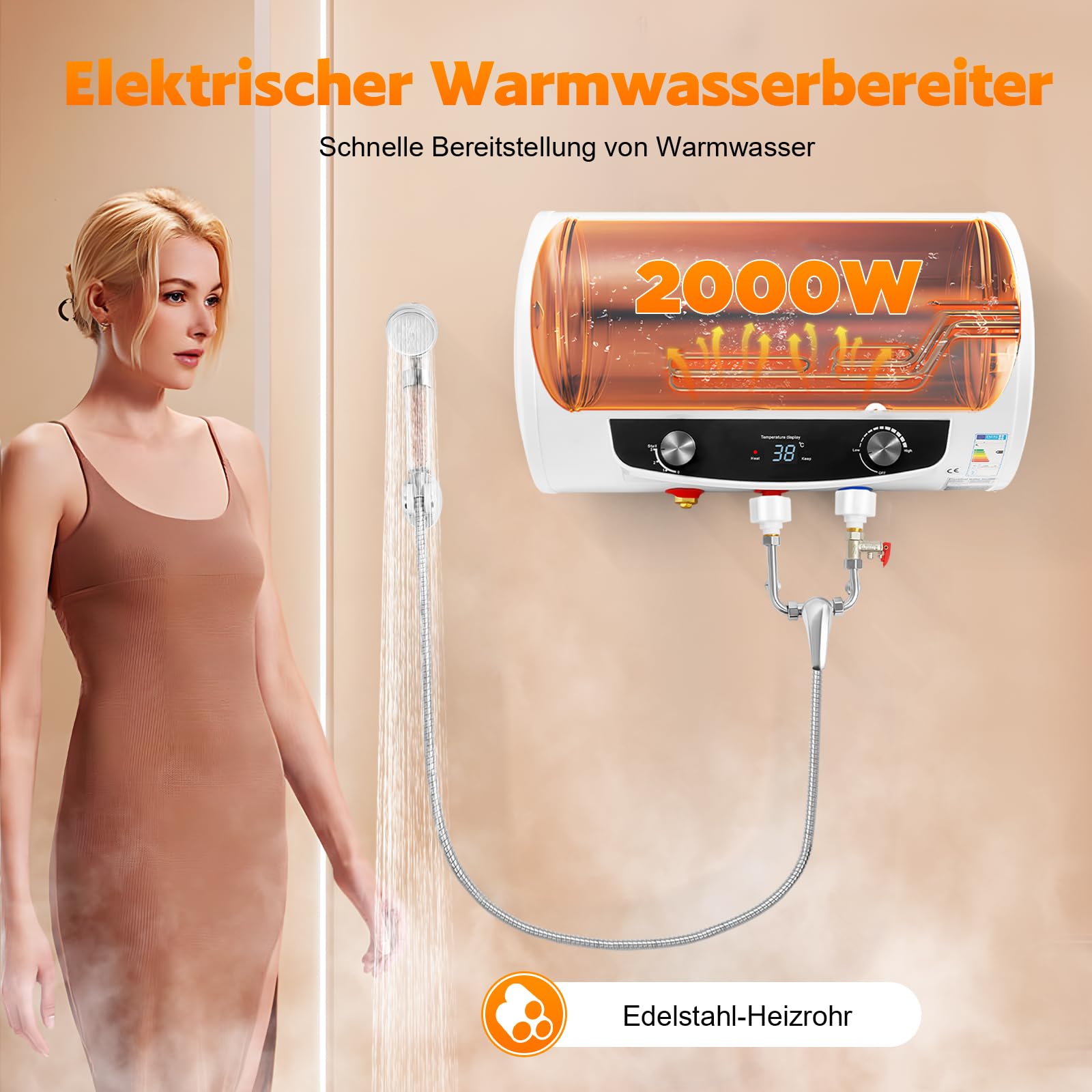 Elektrospeicher Warmwasserspeicher, Elektrischer Tank-Wassererhitzer 220V 2000W Durchlauferhitzer mit Handbrause und Schlauch Horizontal Boiler 25–75 °C für Badezimmer (50, Liter)