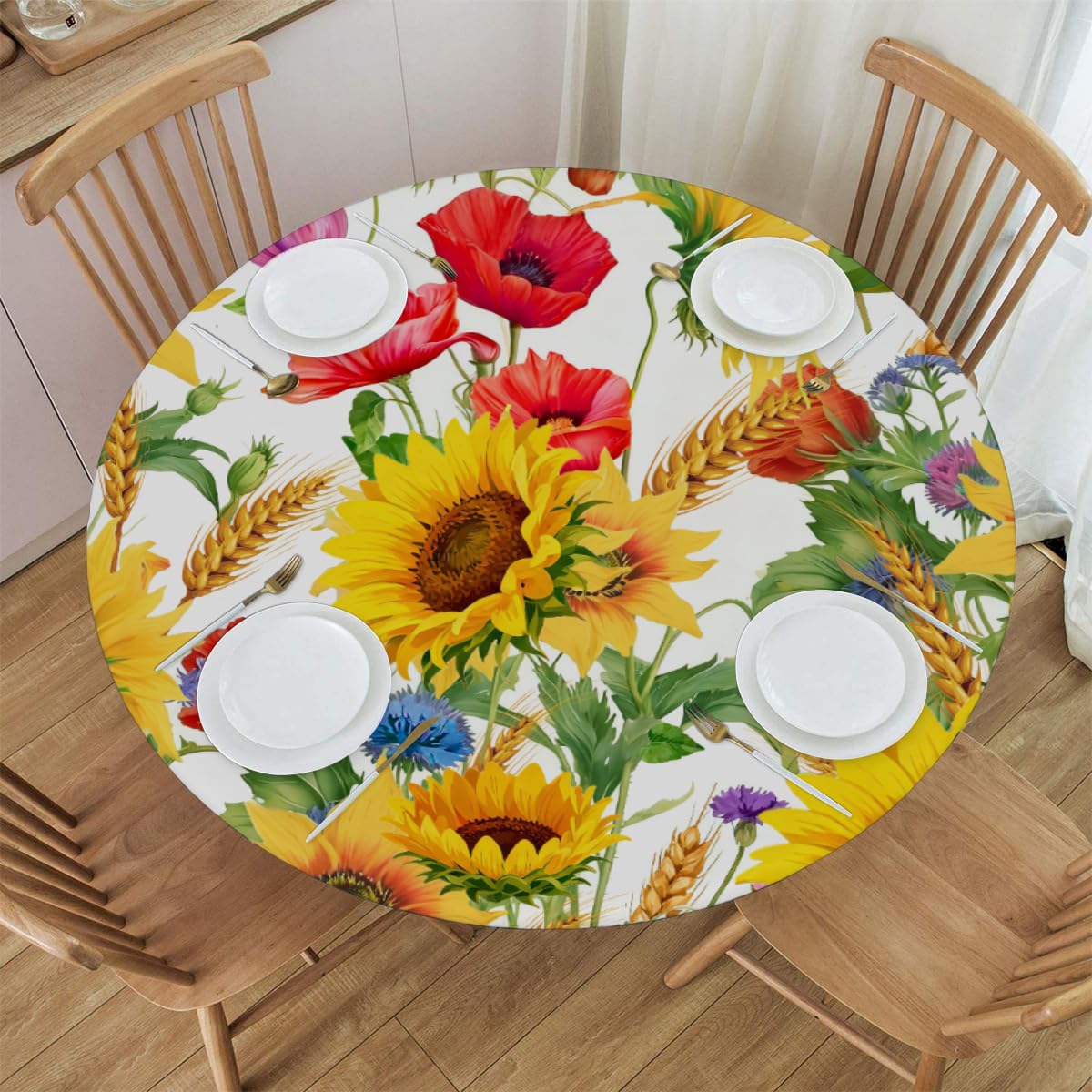 KNEMI Sunflower Poppy Fitted Round Tablecloth with Elastic Edge, Waterproof Table Cloth Wipe Clean Round Table Cover for Outdoor Garden Patio Dining Table, Fits Round Tables up to 40"- 44" Diameter