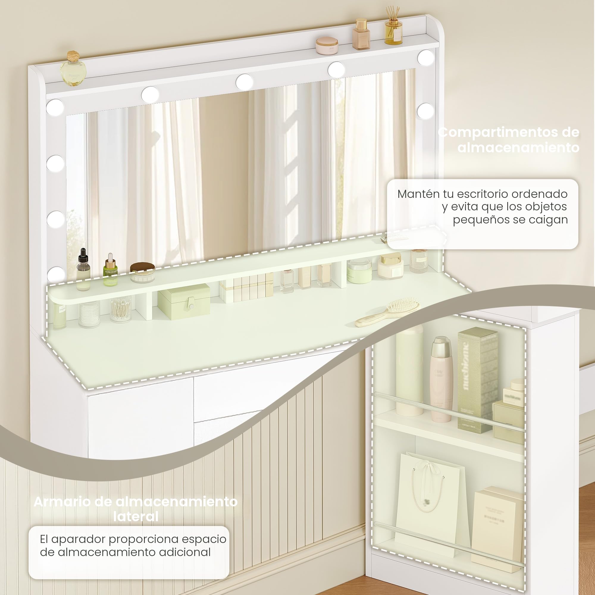 HEXCELEN 108 cm Tocador con Espejo Grande, Tocador de Maquillaje con Luz LED, Mesa de Maquillaje con 6 Cajones y Compartimento de Almacenamiento Lateral Abierto, Blanco