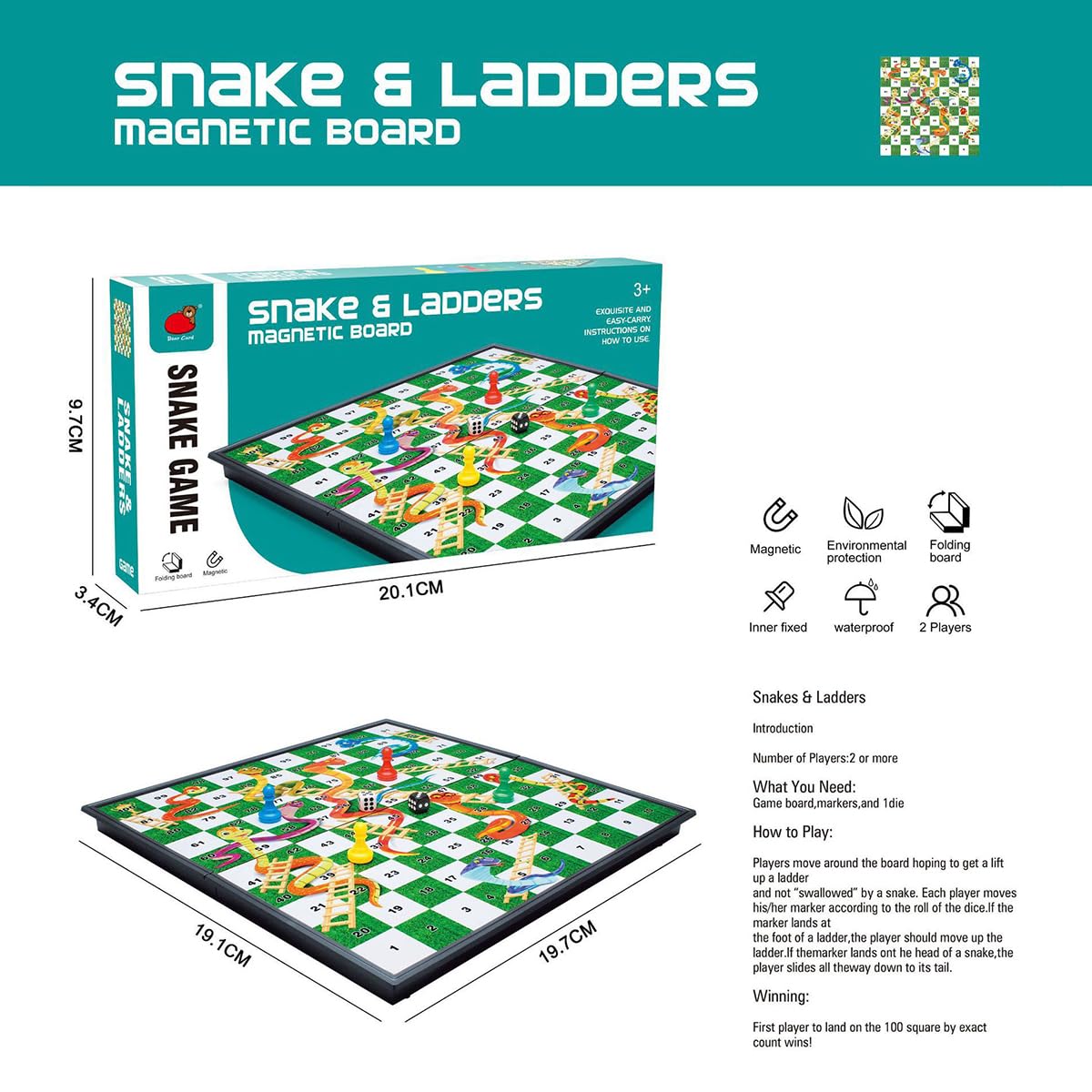 POFET Juego de Mesa Plegable magnético Snakes and Ladders, Juego de diversión Familiar