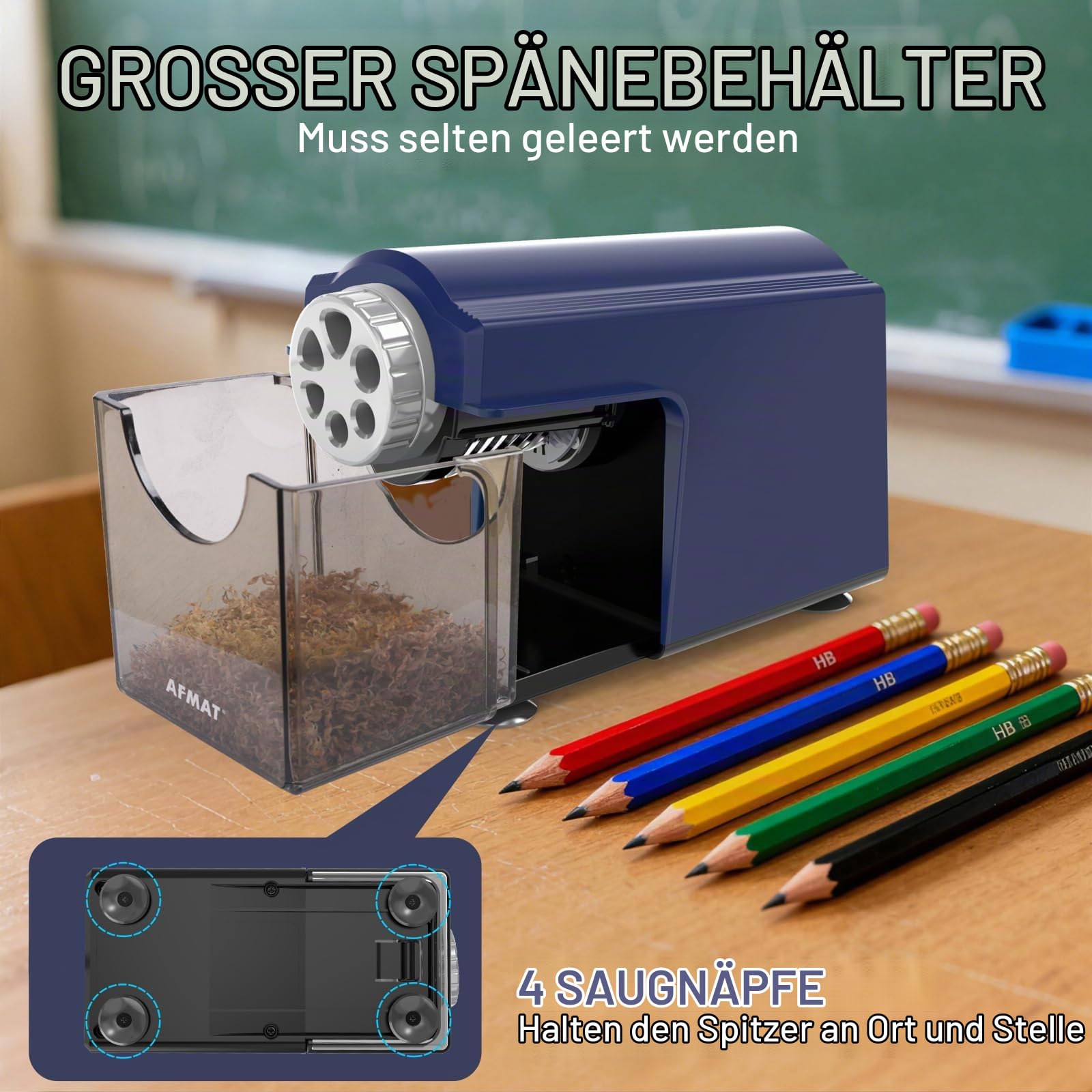 AFMAT Elektrischer Anspitzer mit Behälter, 6 Löcher Große Spitzer mit Dose für 6-11mm Dicke und Dünne Stifte, Wiederaufladbar Robust Autostopp Bleistiftspitzer für Büro Schule Künstler,Blau PSD4