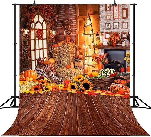 CapiSco Fondo de fotos de otoño de Acción de Gracias de Halloween para fotografía, fondo de vinilo, piso de madera, granero, calabazas de otoño,