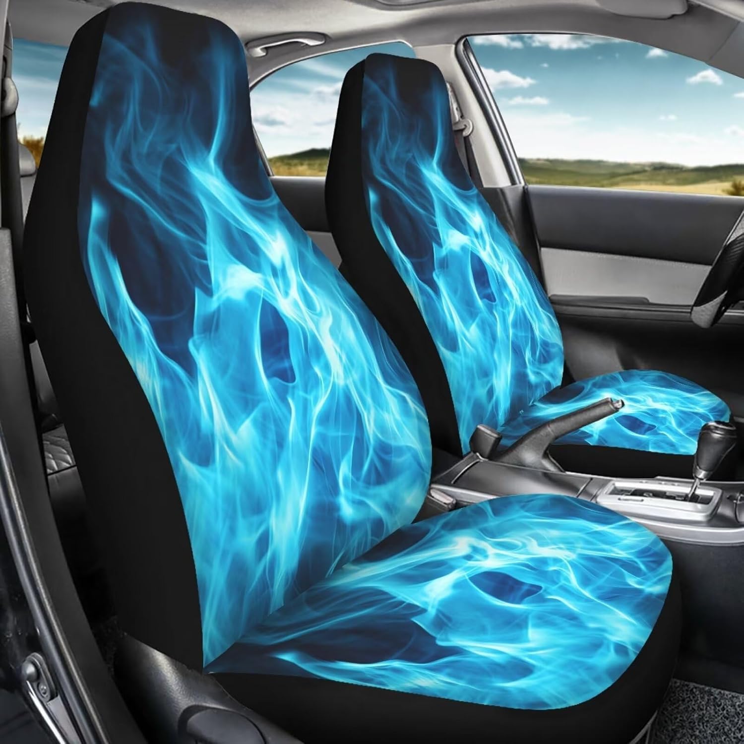 POLERO Blue Fire Car Seat Covers for Men 2Pcs Flame Front Seats Protector Soft Seat Accessories for Truck Vehicles