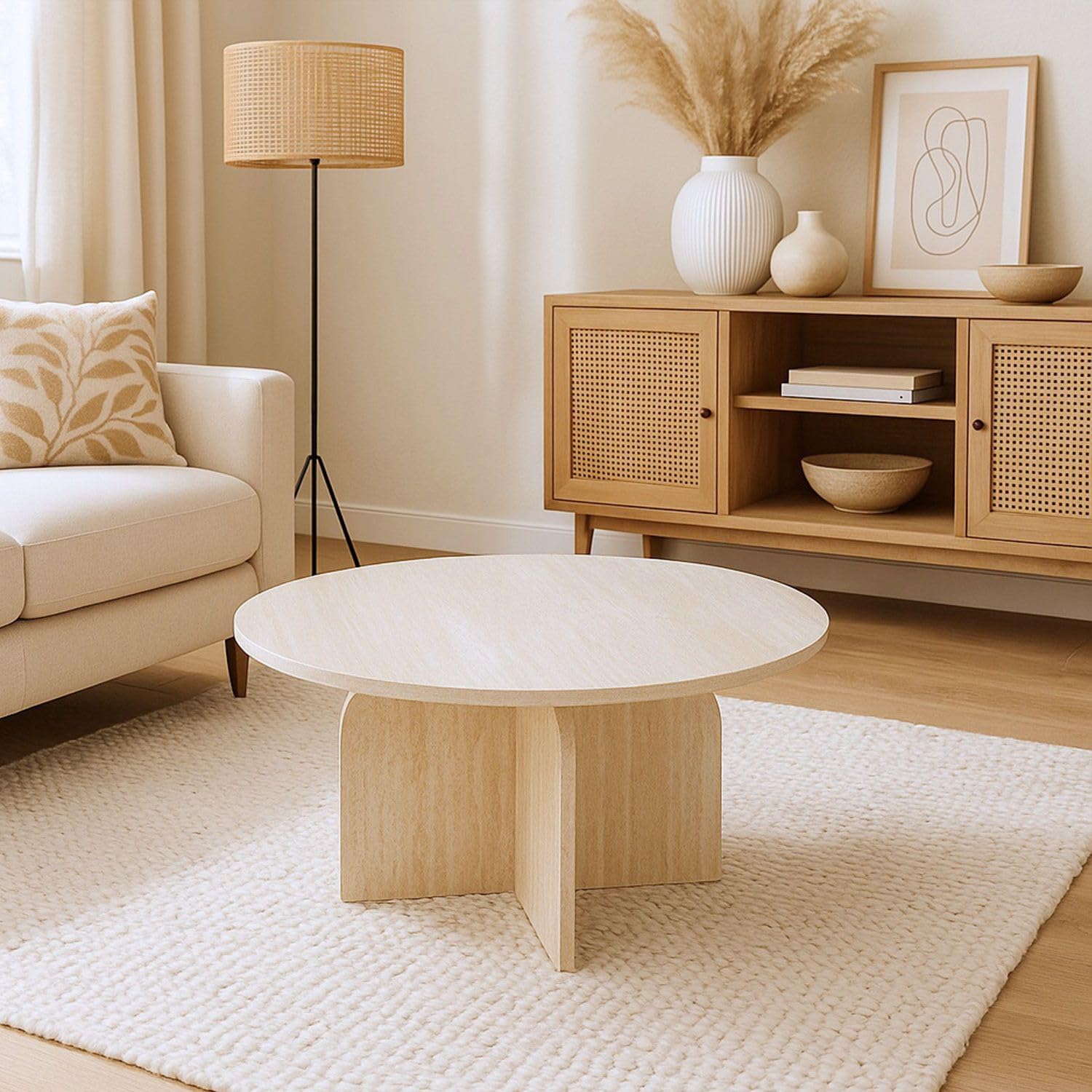 Menzzo Table Basse Ronde CALYPTUS 80 cm – Effet travertin Beige – Table Design Moderne élégante pour Salon Contemporain