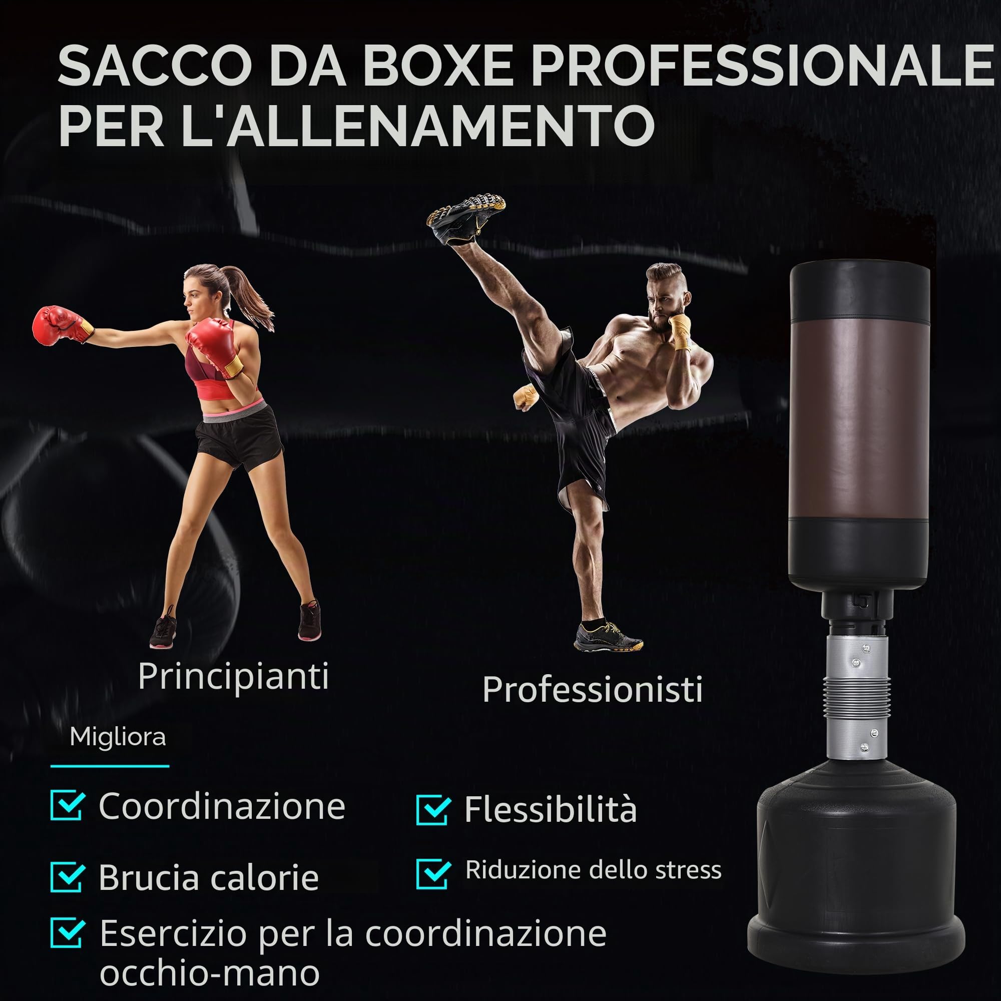 HOMCOM Boxsack Stehend 186cm Erwachsene Freistehender Standboxsack Höhenverstellbar Boxpartner Boxing Trainer Heavy Duty Boxsack schwerer Boxsack-Ständer für Profis und Anfänger