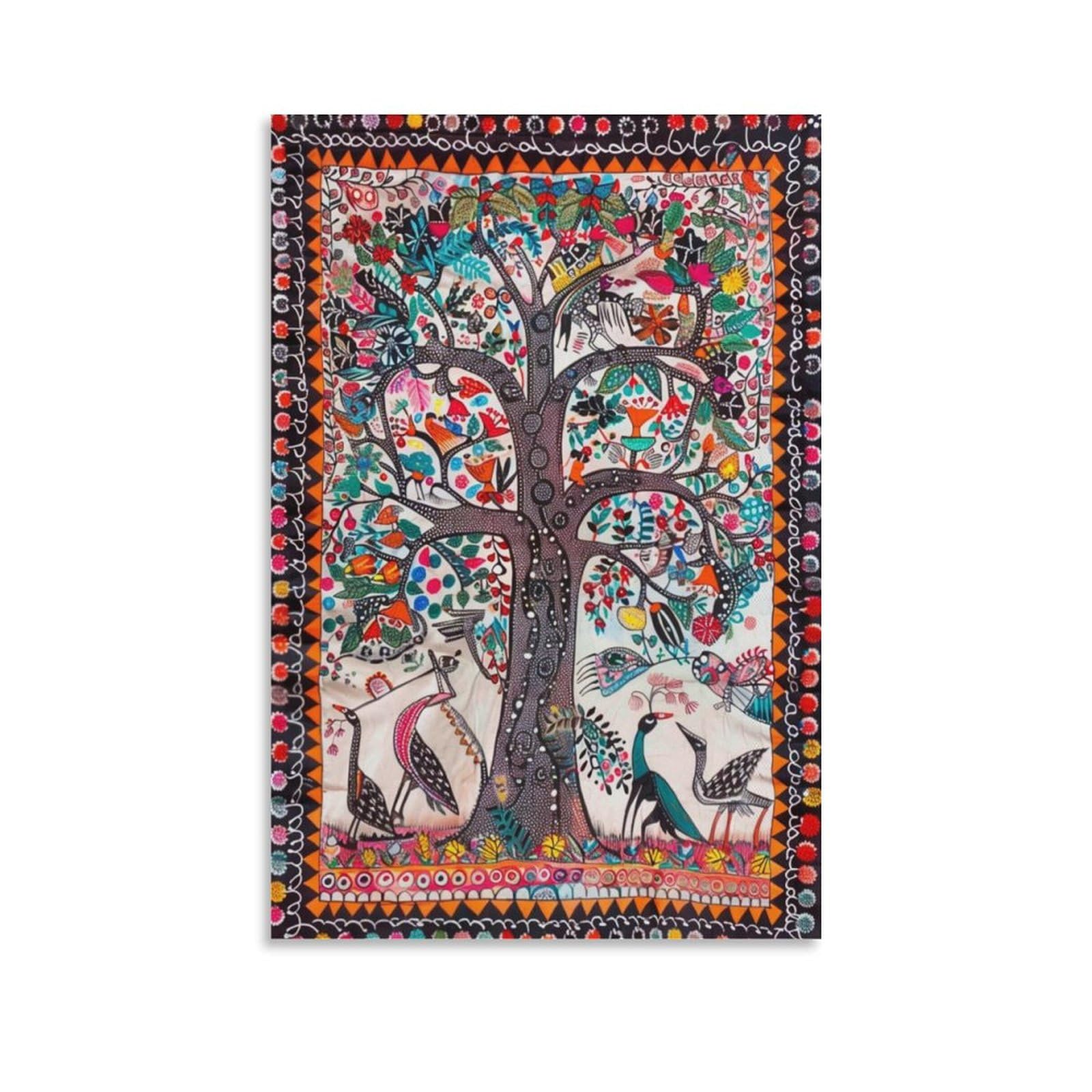Wjwart Madhubani Indian Canvas Poster Bedroom Decor Landscape Office Room Decor Gift 24X36inch(60X90cm)