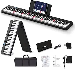 VEDO Piano digital dobrável de 88 teclas, tamanho normal, semi-pesado, com Bluetooth, estante para partituras, pedal de sustain e bolsa para piano, na cor branca (Retroiluminação do teclado em preto)