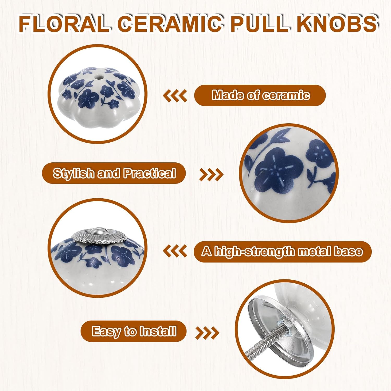 uxcell 6 Pcs Floral Ceramic Pull Knobs, Vintage Round Cabinet Knobs, Blue Flower Ceramic Knobs Pumpkin Knobs for Kitchen Cabinet, Door & Drawer, Wardrobe, Cupboard