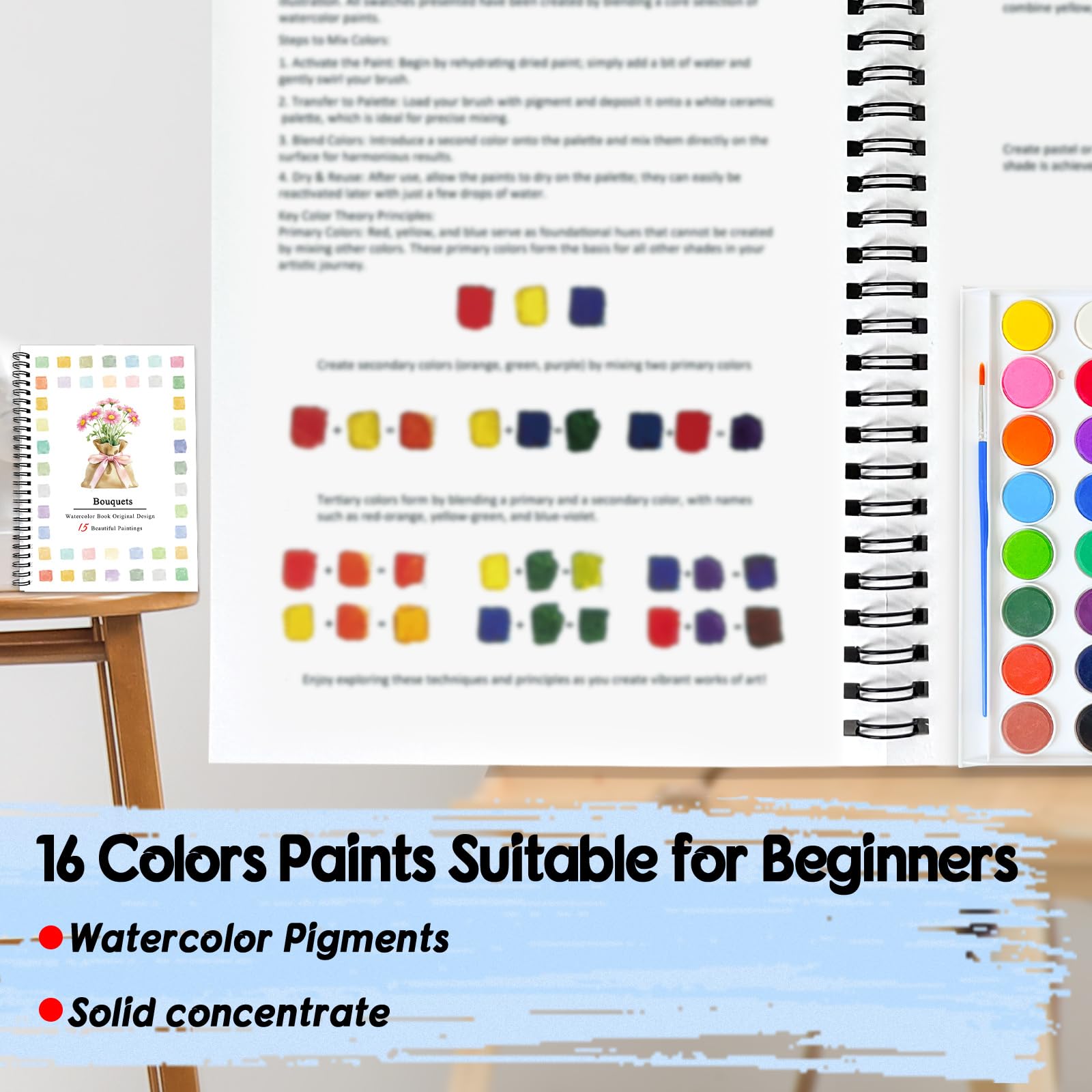 SLWBZ Ramos de libros de trabajo de acuarela, 15 patrones diferentes de diseños originales de bricolaje, 16 platos de pintura de acuarela de colores con paleta y pincel, libros de trabajo de acuarela