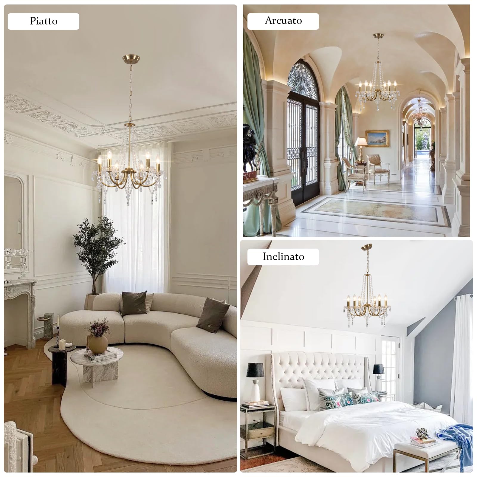 Lampadario moderno in cristallo dorato, lampada da soffitto vintage a 6 luci in cristallo, lampadario a sospensione per soggiorno con attacco E14, per camera da letto, cucina e sala da pranzo