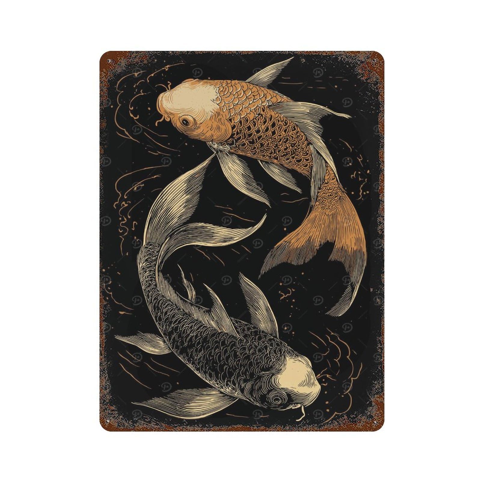 Two Koi Fish Yin Yang Rusty Metal Tin Sign 15.7"x11.8", Ideal for Shed, Workshop And Garage Wall Decor