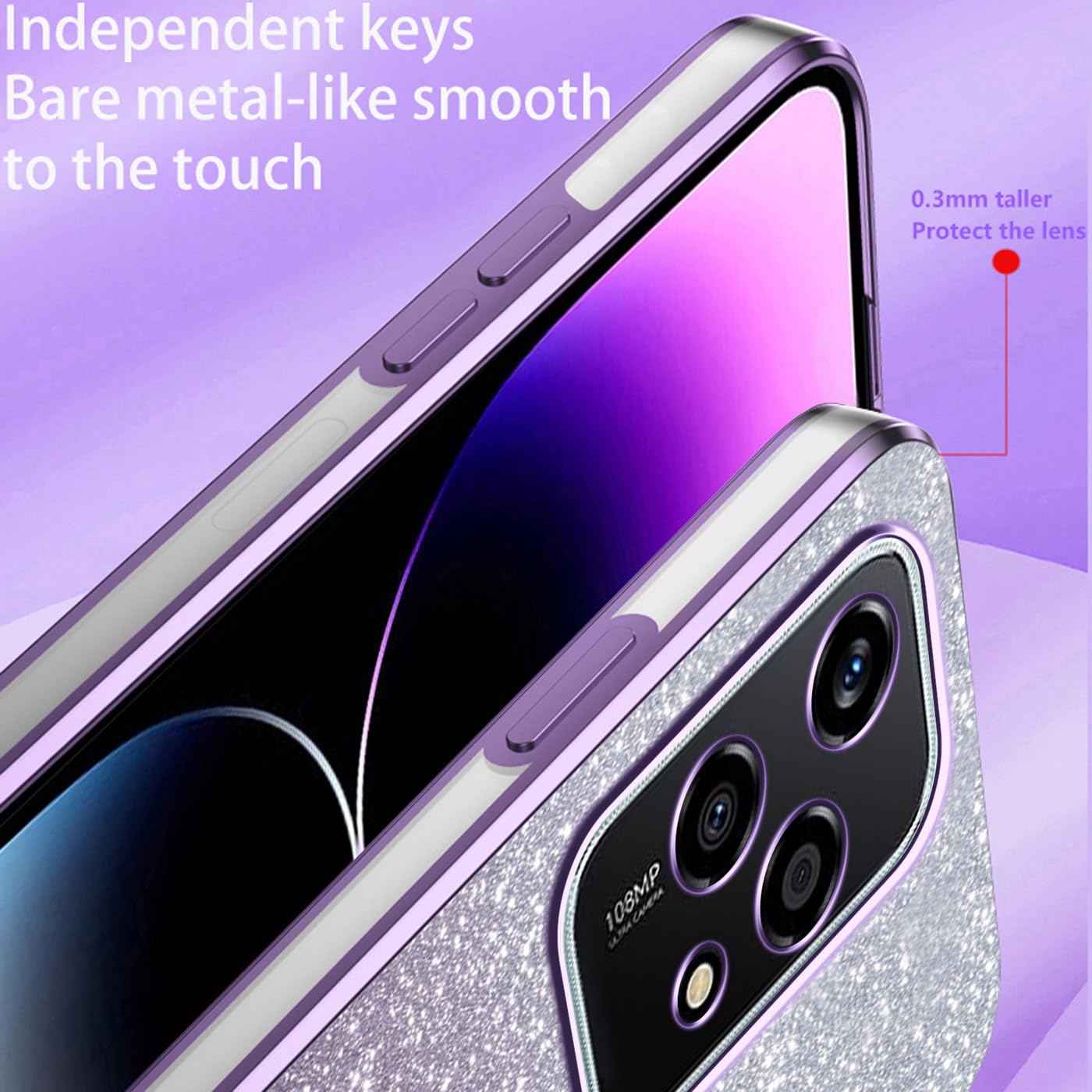 YUEQIAN Glitter Case For Honor 200 Lite 5G, Very Thin Glitter Sparkling Mirror Cosmetic/Stand Women Case, Transparent Shiny Bling Shockproof Case Purple - View #3