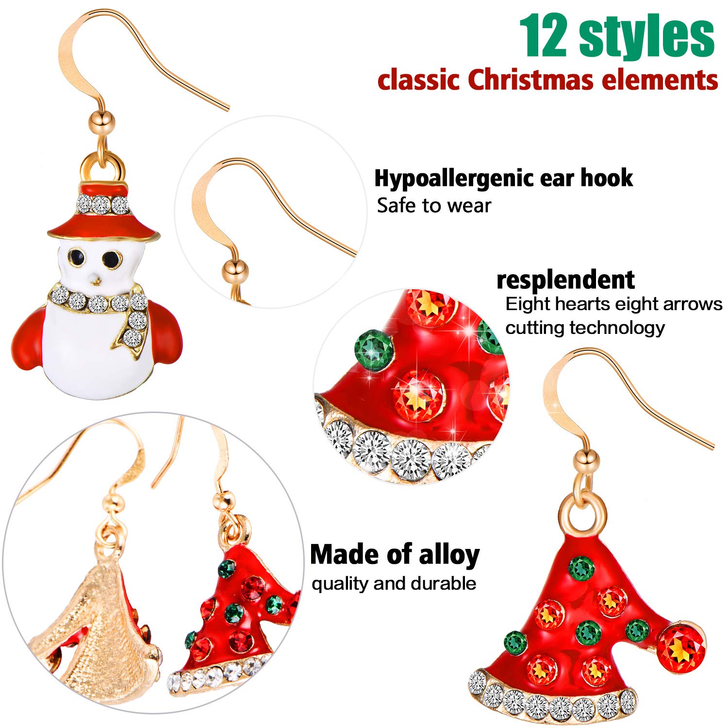 12 Paires Boucles d'Oreilles Pendantes de Noël - Ensemble de Bijoux Stud pour Femmes, Filles, Enfants - Goutte, Bonhomme de Neige, Flocon (Ensemble de Style 1)
