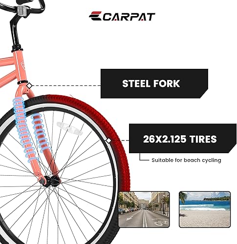 Miniatura 6 de S26204 - Bicicleta de crucero de playa de 26 pulgadas para hombres y mujeres, marco de acero, transmisión de una sola velocidad, paseos cómodos