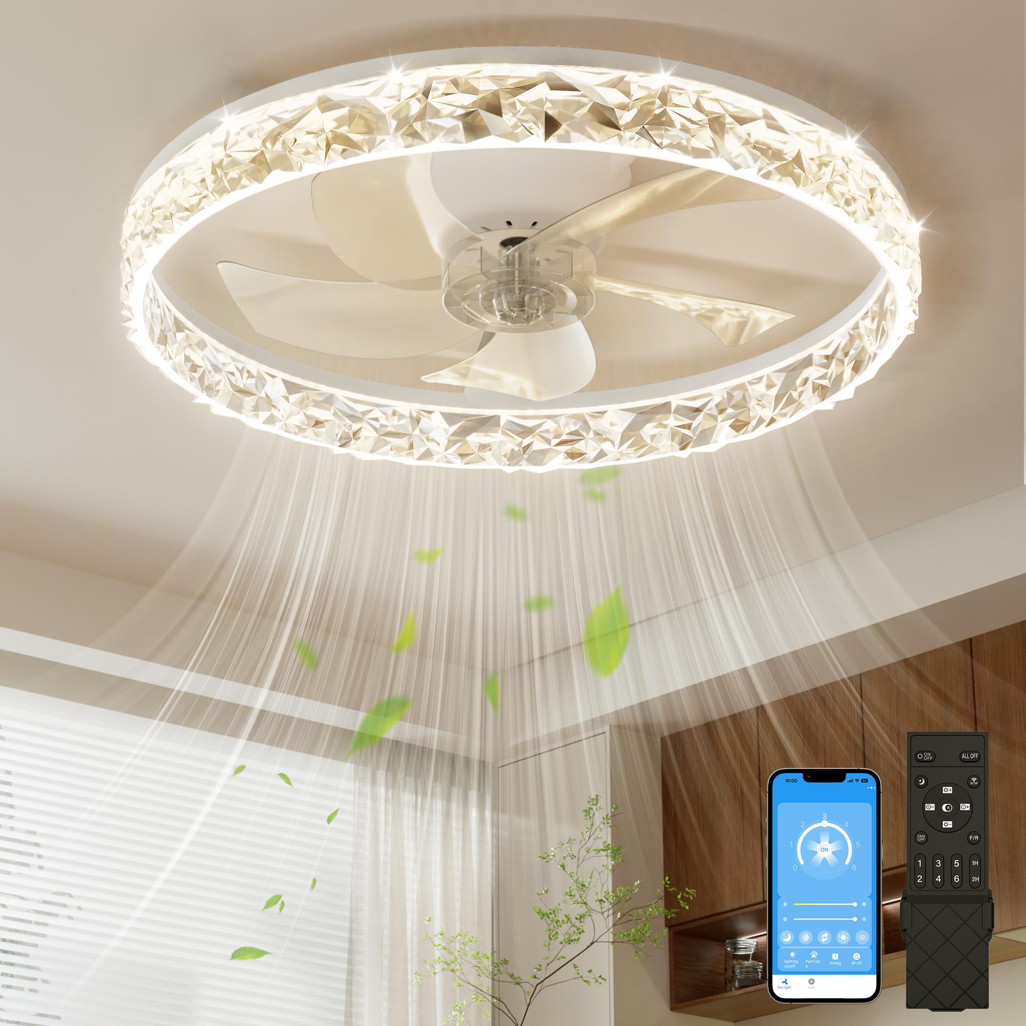 NIORSUN Ventilator Deckenleuchte, LED Deckenventilator mit Beleuchtung,3 Farbtemperatur und 6 Geschwindigkeiten,Deckenlampe mit Ventilator,APP/Fernbedienung Dimmbar Timer