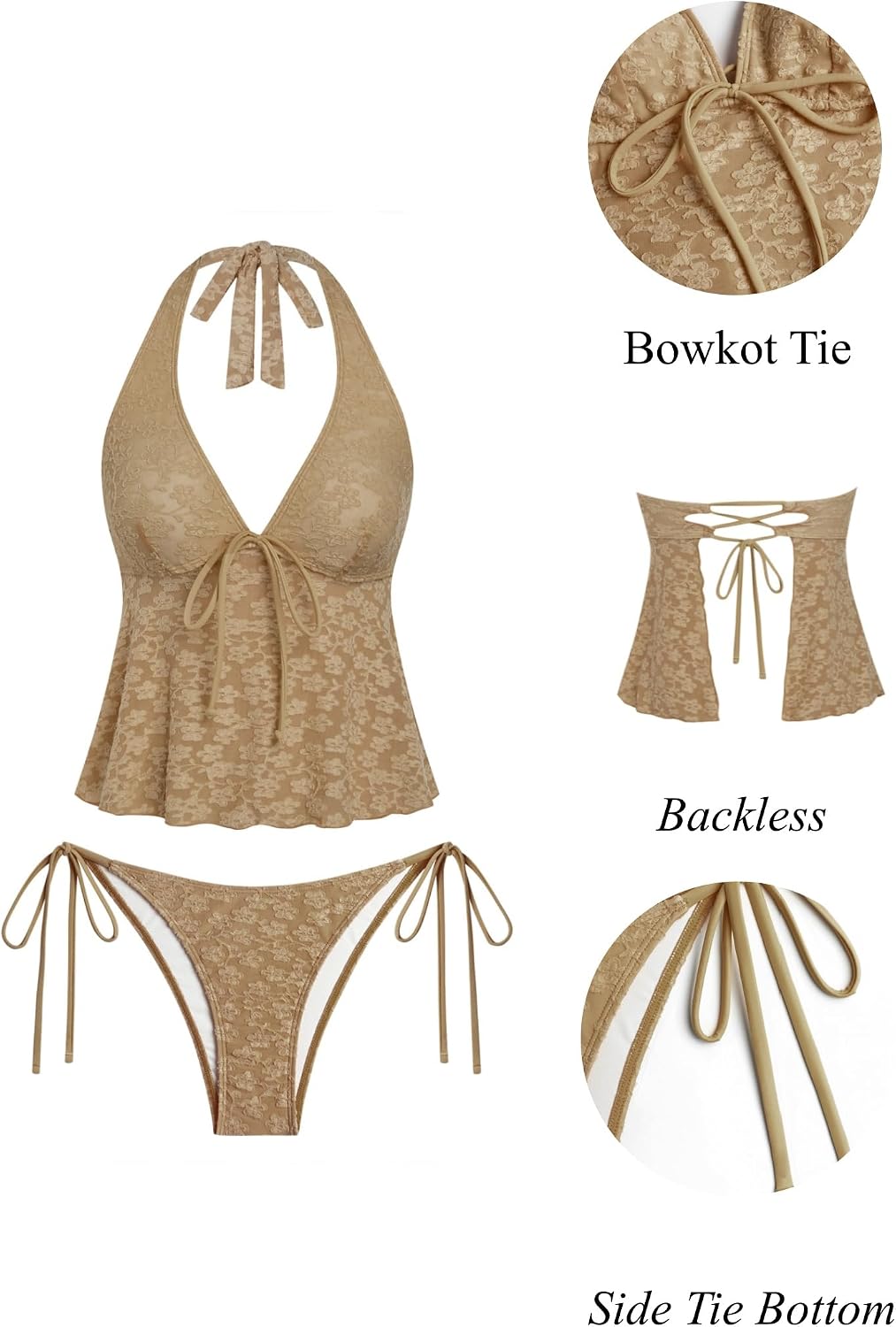 ZAFUL Womens Halter Tankini Swimsuits V Neck Front Tie Knot Floral Texture Flowy 2 Pieces Tummy Control Bathing Suit